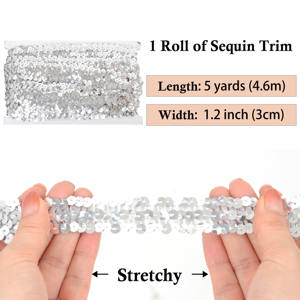 Alilang Elastic Sequin Trim, 1.2 Inch 3 Row Flat Glitter Paillette Sequin Ribbon, Metallic Stretch Sequin Strip Sewing DIY Craft, 5 Yards