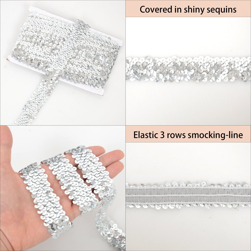 Alilang Elastic Sequin Trim, 1.2 Inch 3 Row Flat Glitter Paillette Sequin Ribbon, Metallic Stretch Sequin Strip Sewing DIY Craft, 5 Yards