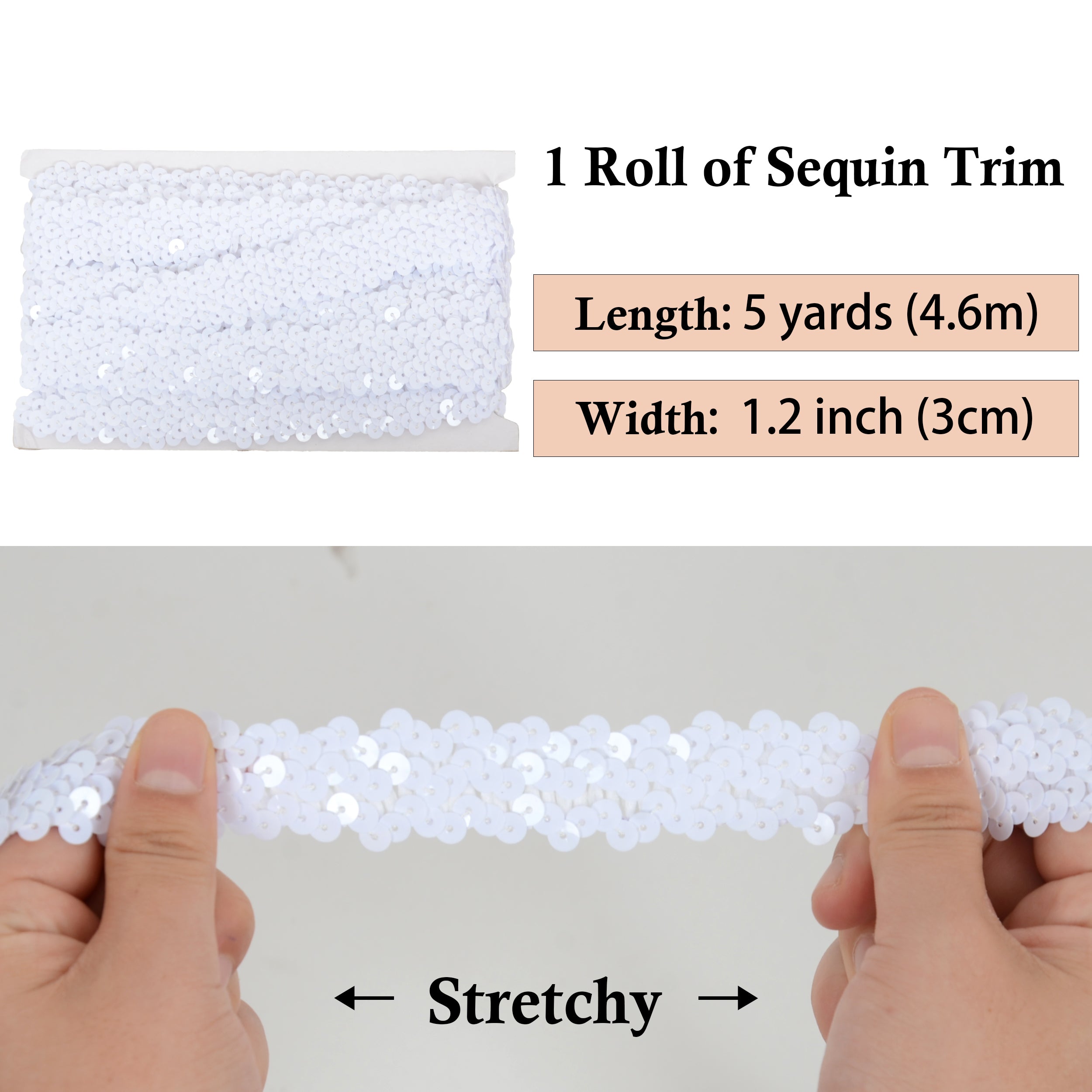 Alilang Elastic Sequin Trim, 1.2 Inch 3 Row Flat Glitter Paillette Sequin Ribbon, Metallic Stretch Sequin Strip Sewing DIY Craft, 5 Yards