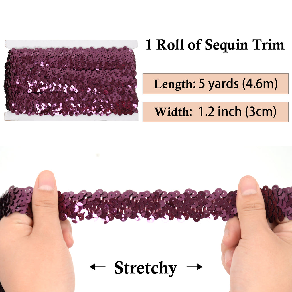 Alilang Elastic Sequin Trim, 1.2 Inch 3 Row Flat Glitter Paillette Sequin Ribbon, Metallic Stretch Sequin Strip Sewing DIY Craft, 5 Yards