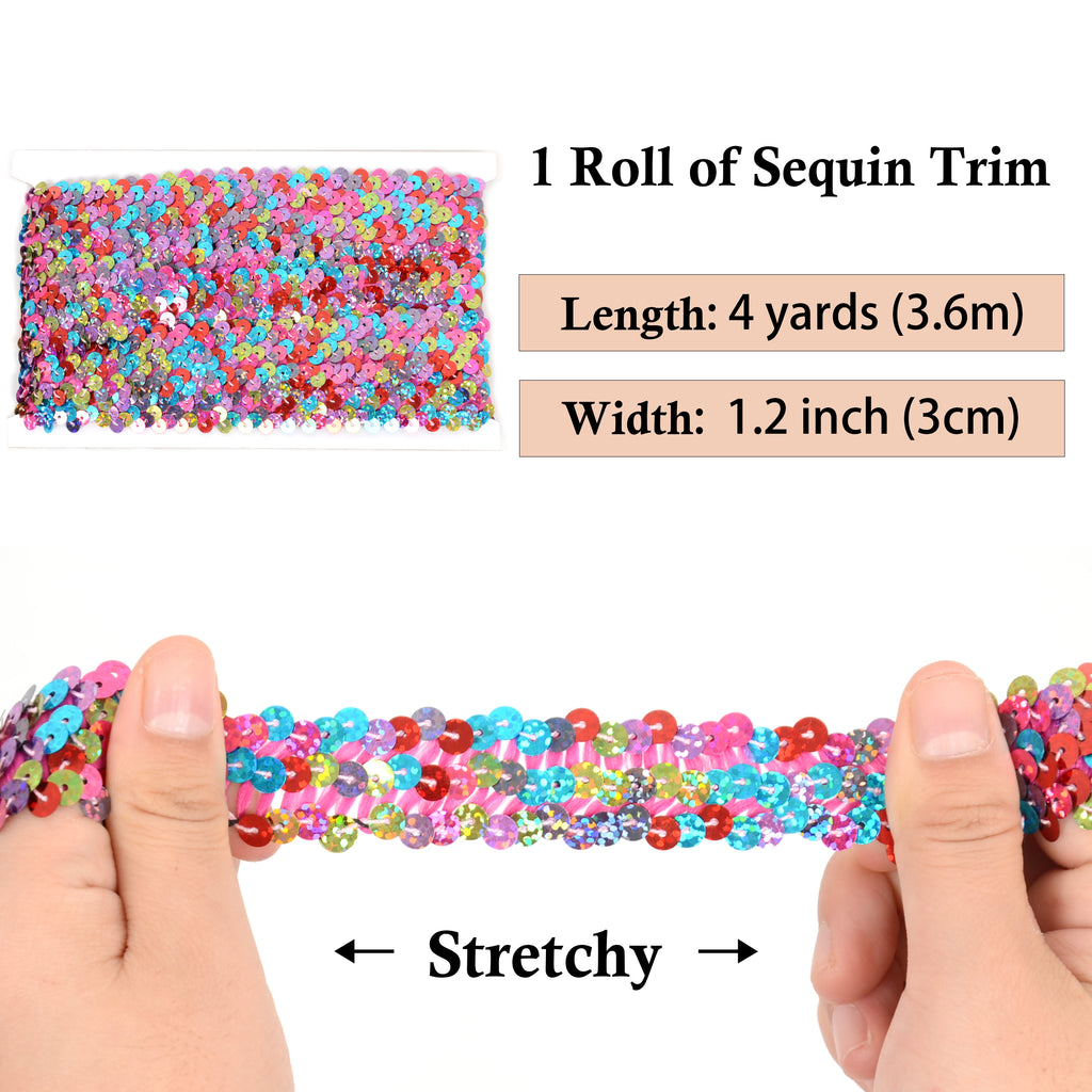 Alilang Elastic Sequin Trim, 1.2 Inch 3 Row Multicolored Flat Glitter Paillette Sequin Ribbon, Metallic Stretch Sequin Strip Sewing DIY Craft, 4 Yards