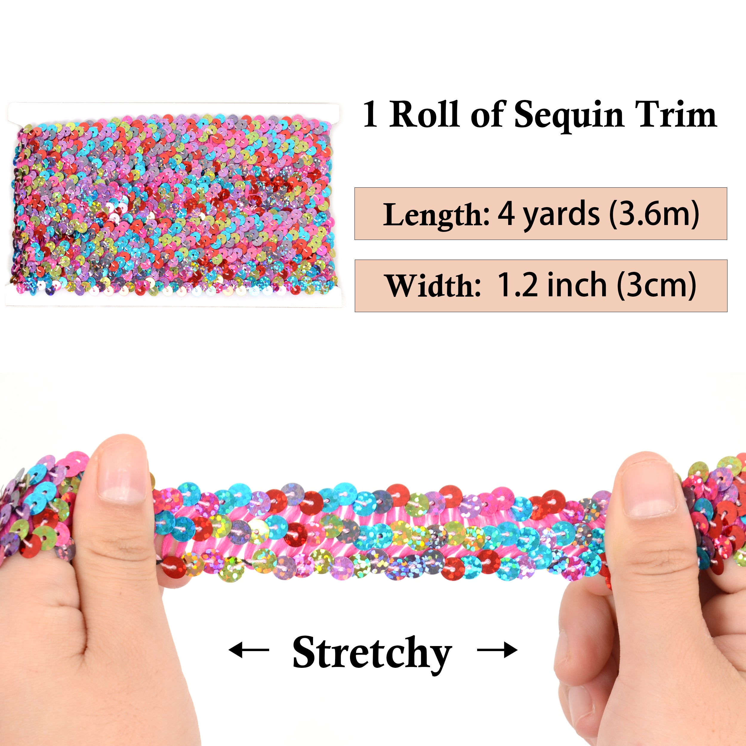 Alilang Elastic Sequin Trim, 1.2 Inch 3 Row Multicolored Flat Glitter Paillette Sequin Ribbon, Metallic Stretch Sequin Strip Sewing DIY Craft, 4 Yards