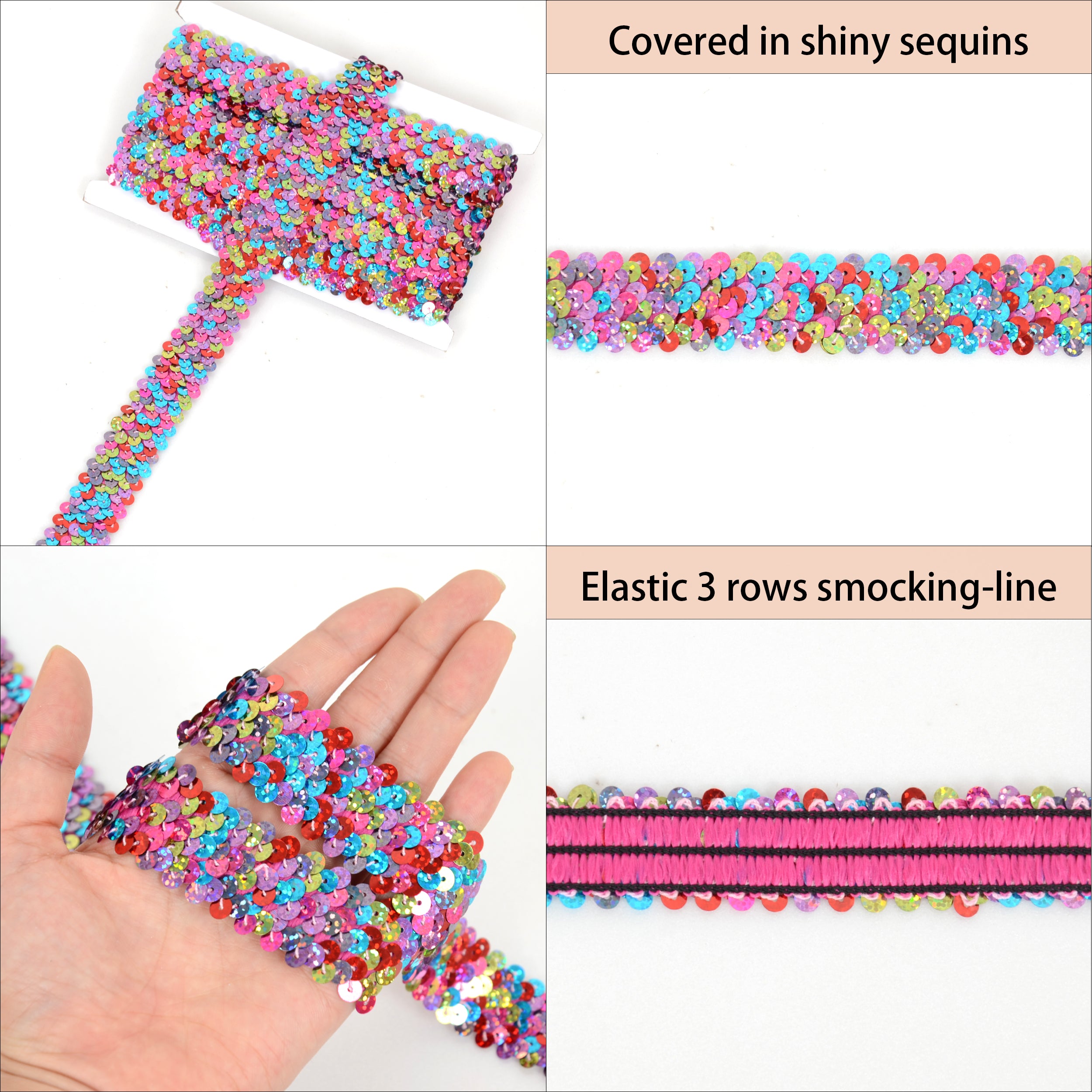 Alilang Elastic Sequin Trim, 1.2 Inch 3 Row Multicolored Flat Glitter Paillette Sequin Ribbon, Metallic Stretch Sequin Strip Sewing DIY Craft, 4 Yards