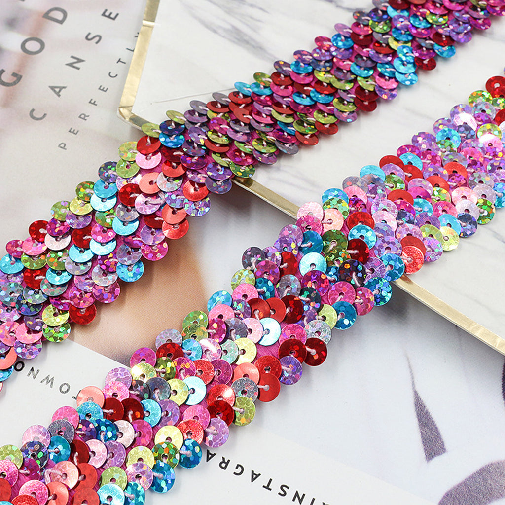 Alilang Elastic Sequin Trim, 1.2 Inch 3 Row Multicolored Flat Glitter Paillette Sequin Ribbon, Metallic Stretch Sequin Strip Sewing DIY Craft, 4 Yards