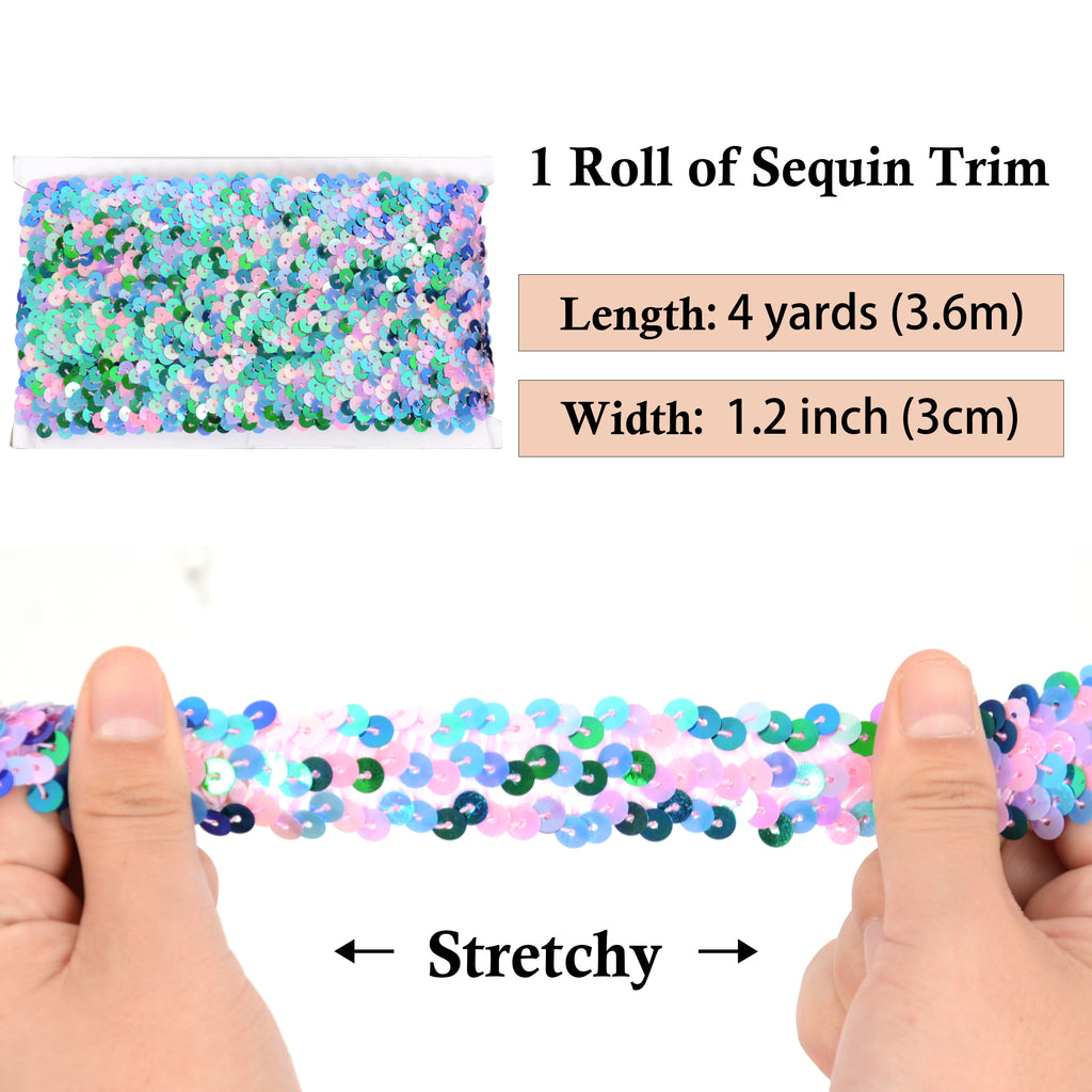 Alilang Elastic Sequin Trim, 1.2 Inch 3 Row Multicolored Flat Glitter Paillette Sequin Ribbon, Metallic Stretch Sequin Strip Sewing DIY Craft, 4 Yards