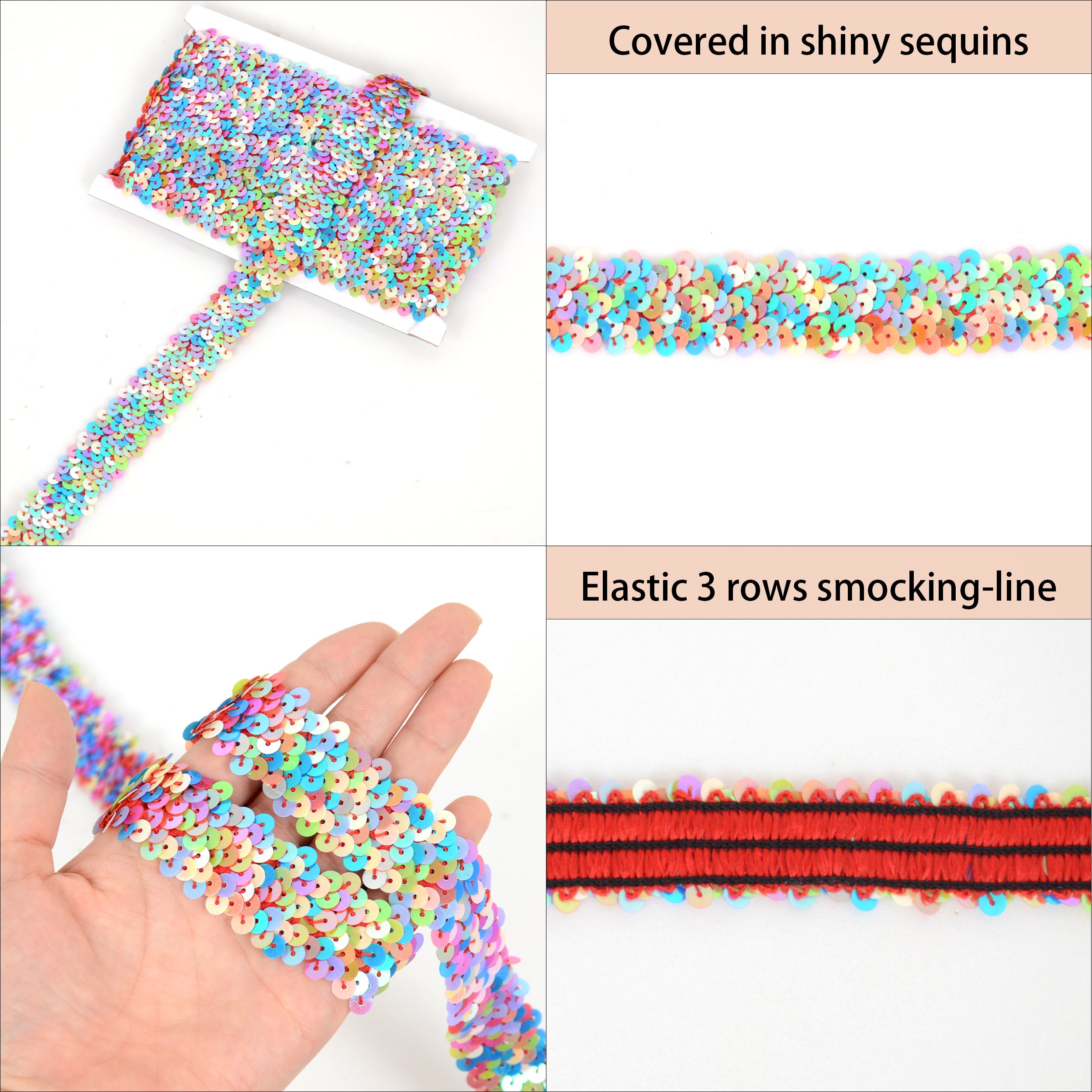 Alilang Elastic Sequin Trim, 1.2 Inch 3 Row Multicolored Flat Glitter Paillette Sequin Ribbon, Metallic Stretch Sequin Strip Sewing DIY Craft, 4 Yards