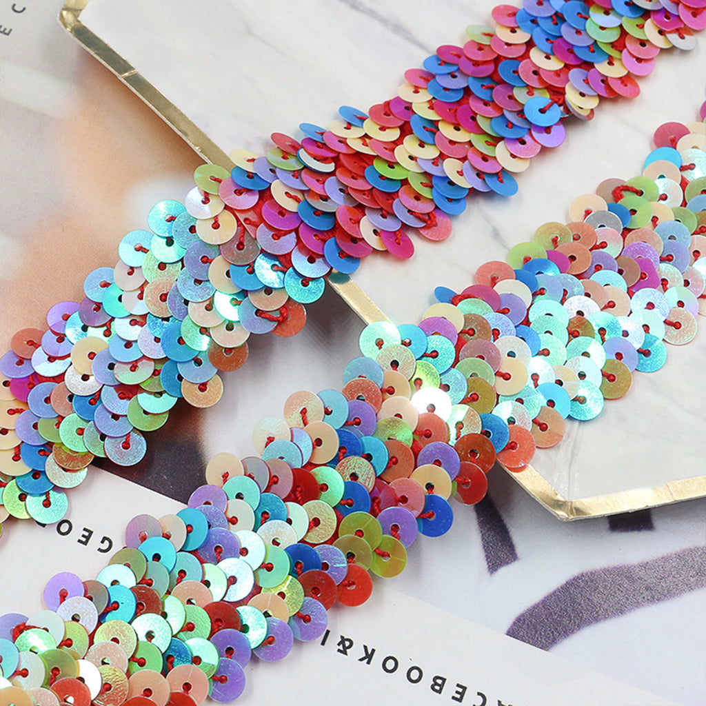 Alilang Elastic Sequin Trim, 1.2 Inch 3 Row Multicolored Flat Glitter Paillette Sequin Ribbon, Metallic Stretch Sequin Strip Sewing DIY Craft, 4 Yards