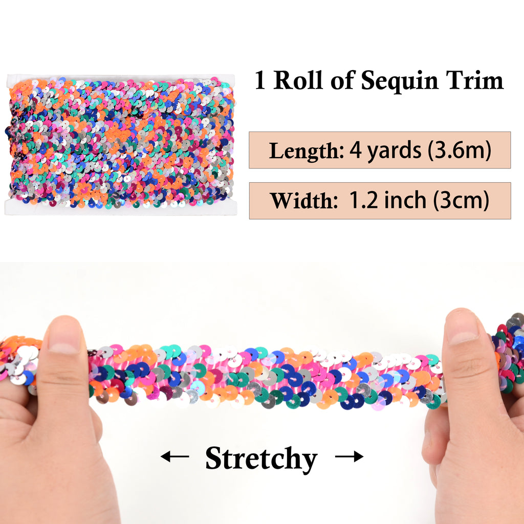 Alilang Elastic Sequin Trim, 1.2 Inch 3 Row Multicolored Flat Glitter Paillette Sequin Ribbon, Metallic Stretch Sequin Strip Sewing DIY Craft, 4 Yards