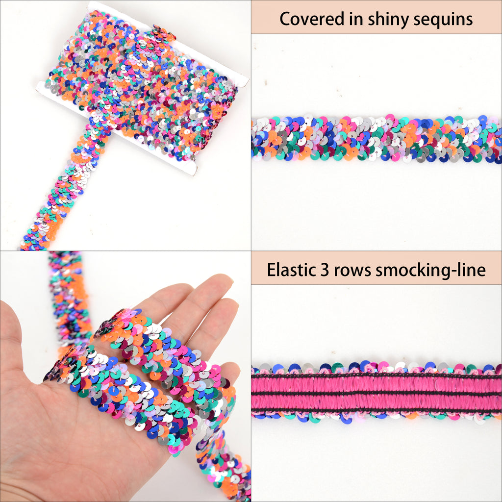 Alilang Elastic Sequin Trim, 1.2 Inch 3 Row Multicolored Flat Glitter Paillette Sequin Ribbon, Metallic Stretch Sequin Strip Sewing DIY Craft, 4 Yards