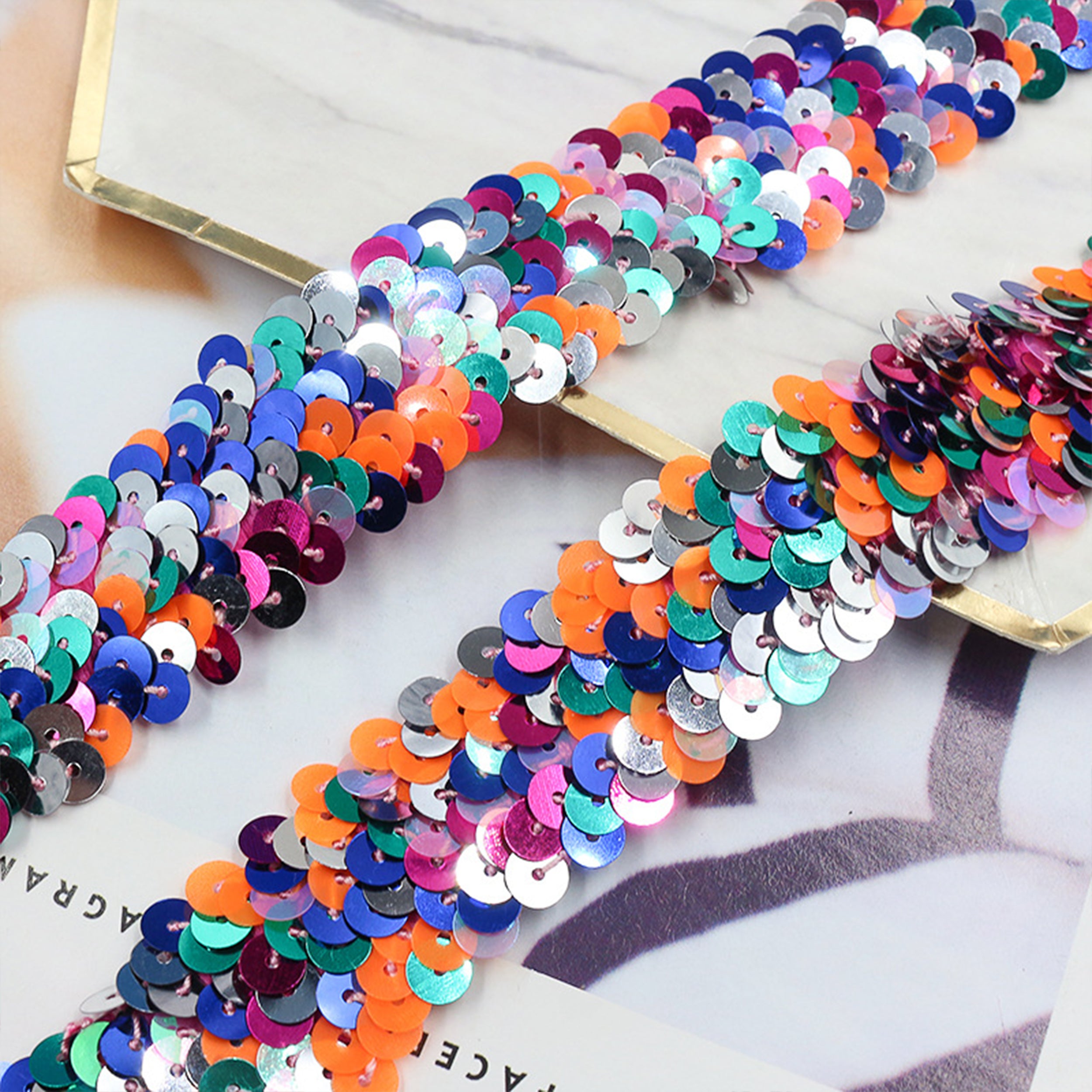 Alilang Elastic Sequin Trim, 1.2 Inch 3 Row Multicolored Flat Glitter Paillette Sequin Ribbon, Metallic Stretch Sequin Strip Sewing DIY Craft, 4 Yards