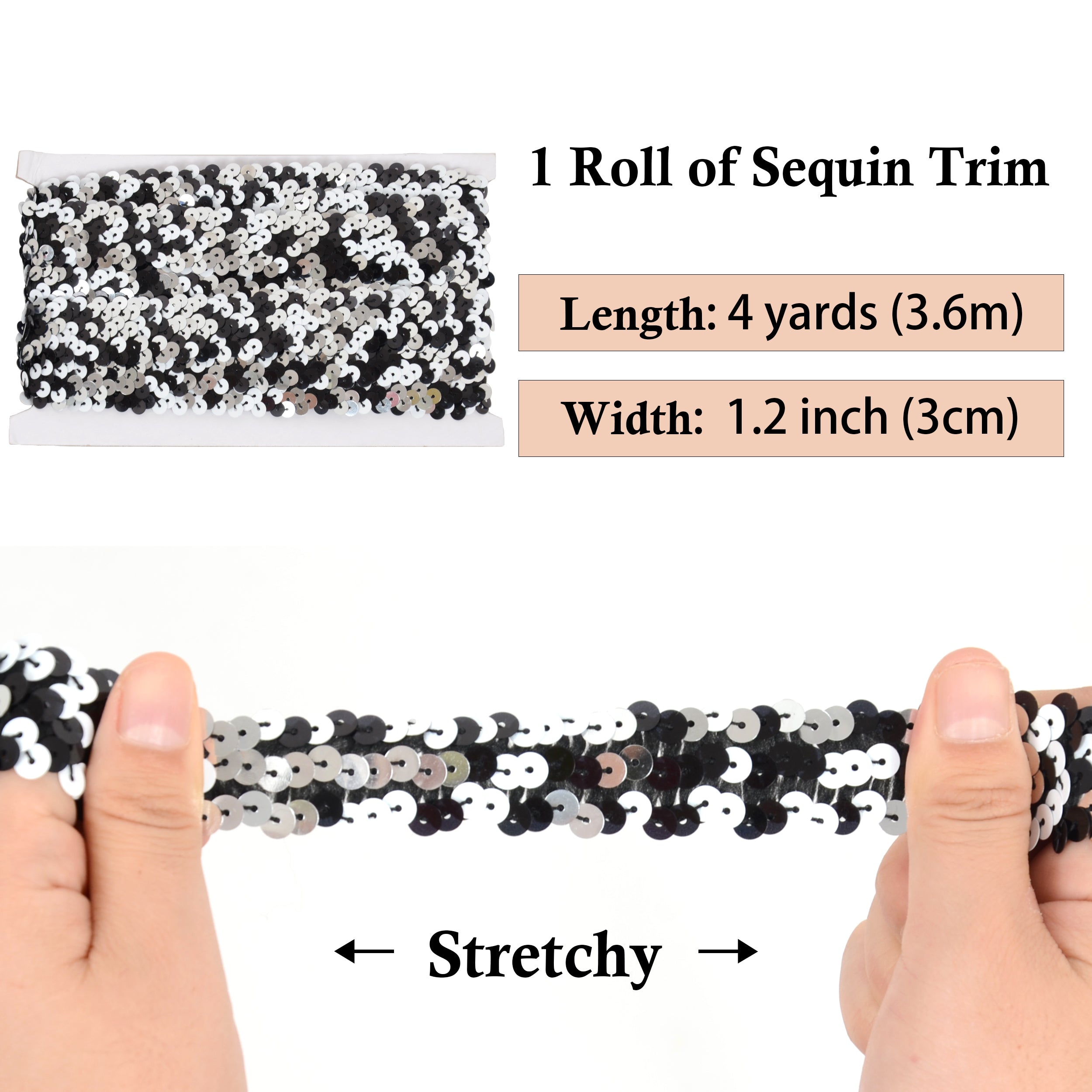 Alilang Elastic Sequin Trim, 1.2 Inch 3 Row Multicolored Flat Glitter Paillette Sequin Ribbon, Metallic Stretch Sequin Strip Sewing DIY Craft, 4 Yards