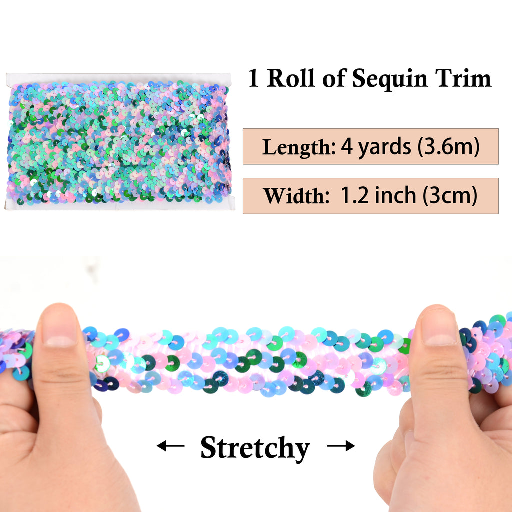 Alilang Elastic Sequin Trim, 1.2 Inch 3 Row Multicolored Flat Glitter Paillette Sequin Ribbon, Metallic Stretch Sequin Strip Sewing DIY Craft, 4 Yards
