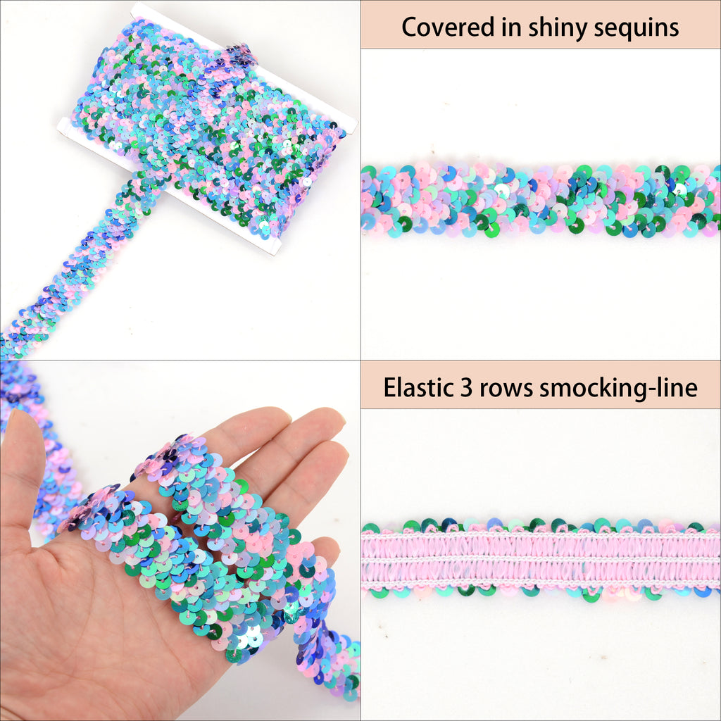 Alilang Elastic Sequin Trim, 1.2 Inch 3 Row Multicolored Flat Glitter Paillette Sequin Ribbon, Metallic Stretch Sequin Strip Sewing DIY Craft, 4 Yards