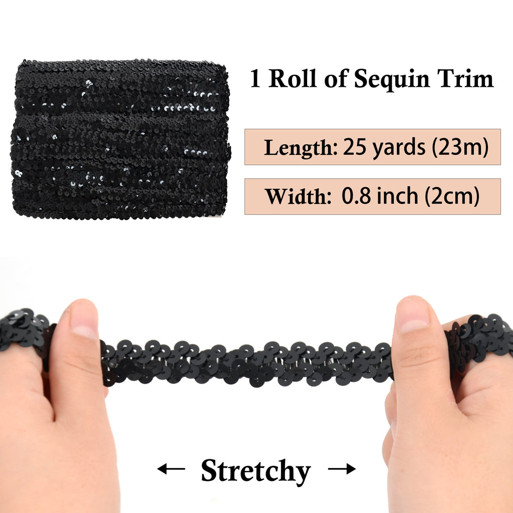 Alilang Elastic Sequin Trim, 0.8 Inch 2 Row Flat Glitter Paillette Sequin Ribbon, Metallic Sequin Strip DIY Decorations, 25 Yards
