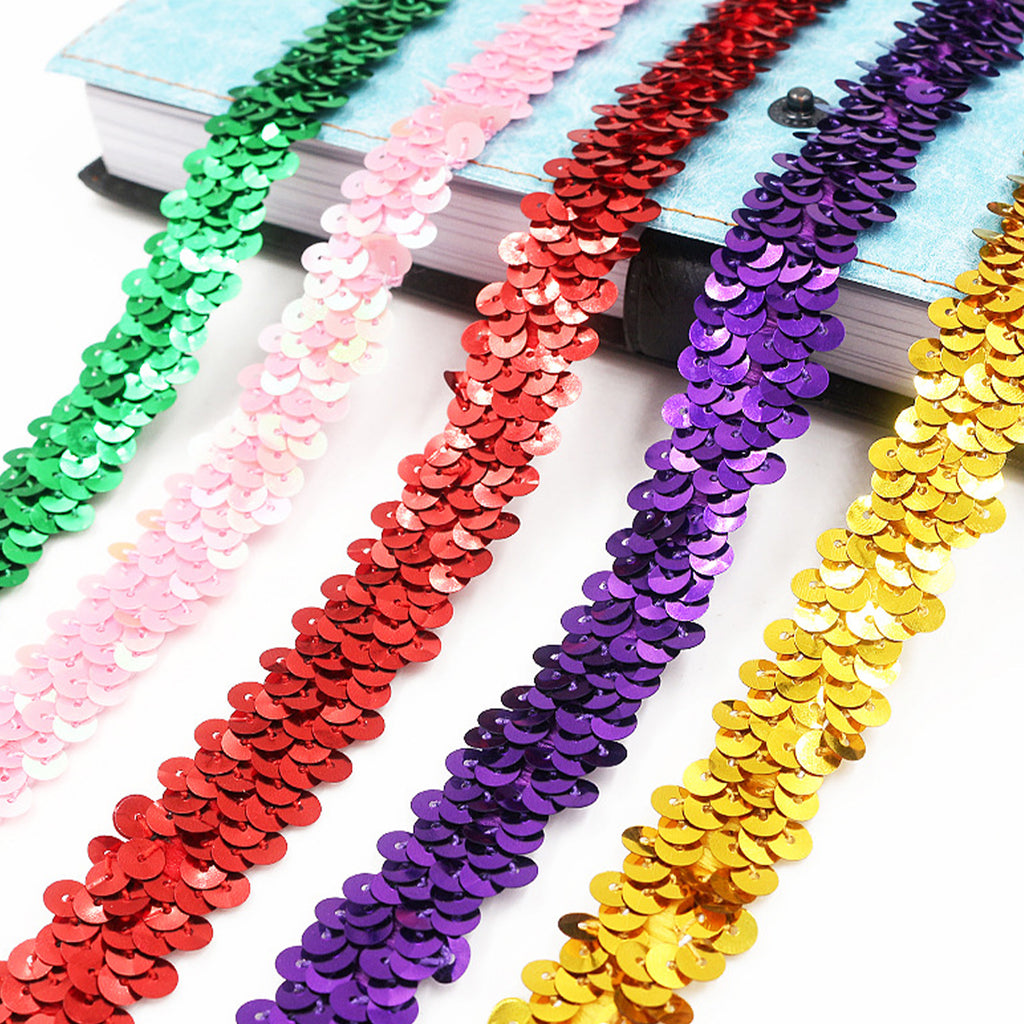 Alilang Elastic Sequin Trim, 0.8 Inch 2 Row Flat Glitter Paillette Sequin Ribbon, Metallic Sequin Strip DIY Decorations, 25 Yards