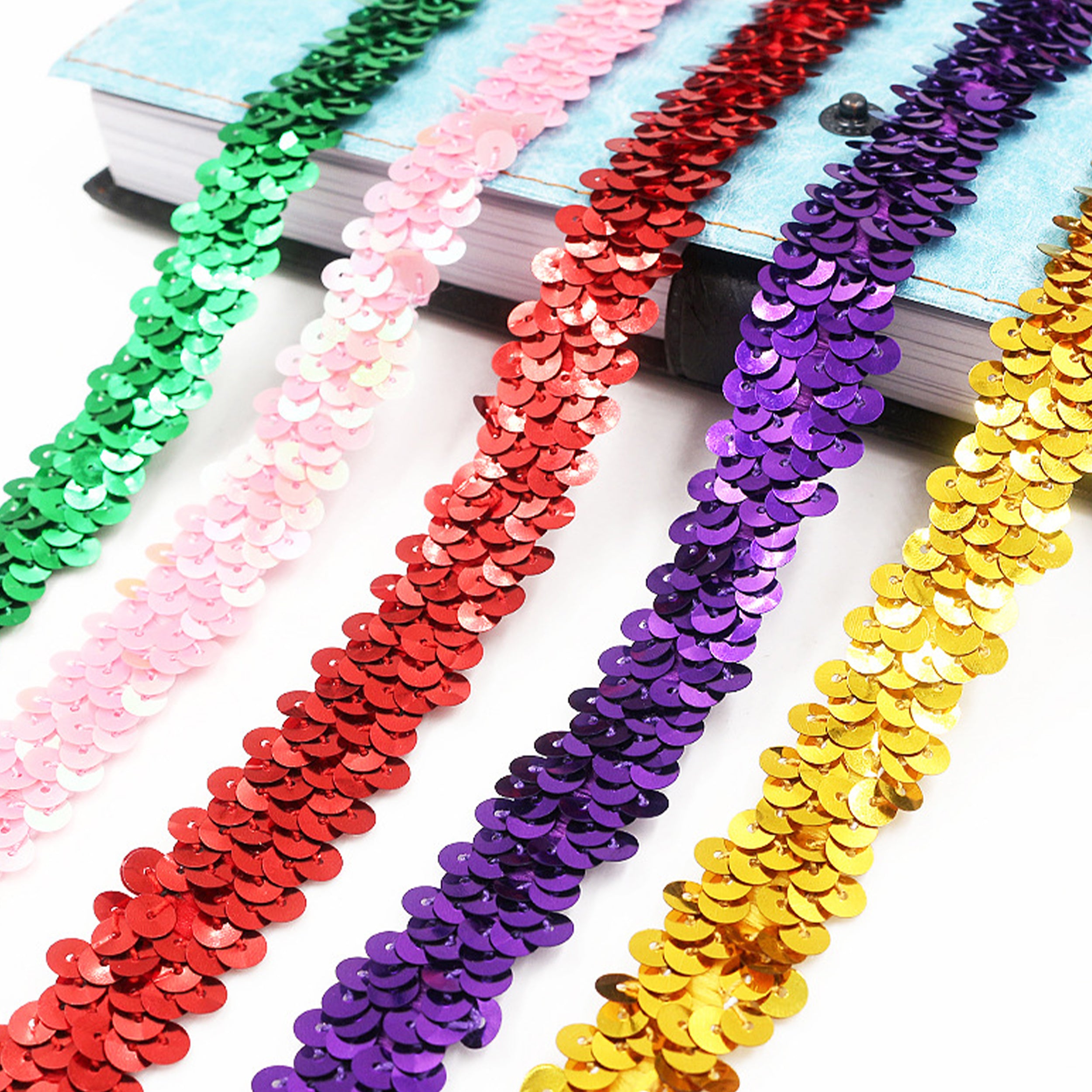 Alilang Elastic Sequin Trim, 0.8 Inch 2 Row Flat Glitter Paillette Sequin Ribbon, Metallic Sequin Strip DIY Decorations, 25 Yards