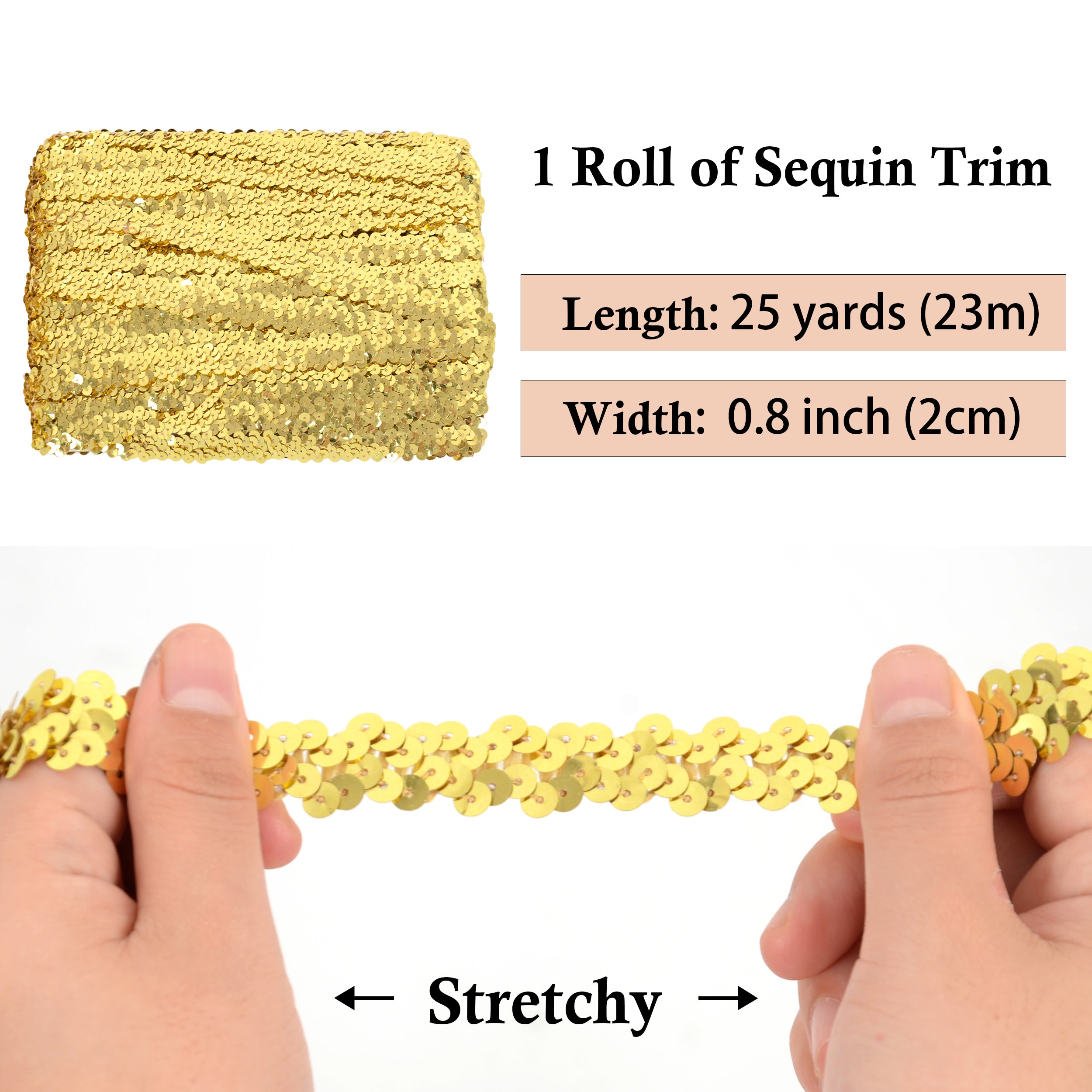 Alilang Elastic Sequin Trim, 0.8 Inch 2 Row Flat Glitter Paillette Sequin Ribbon, Metallic Sequin Strip DIY Decorations, 25 Yards