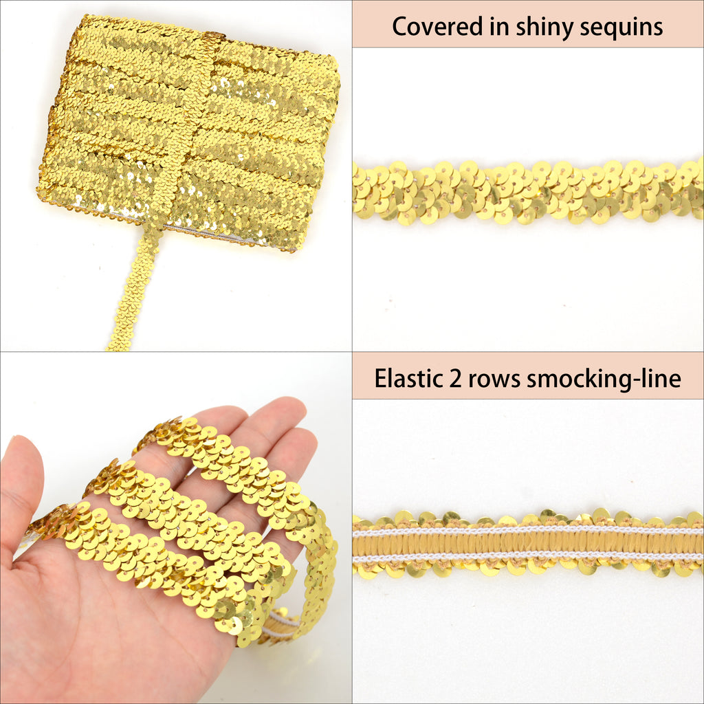 Alilang Elastic Sequin Trim, 0.8 Inch 2 Row Flat Glitter Paillette Sequin Ribbon, Metallic Sequin Strip DIY Decorations, 25 Yards