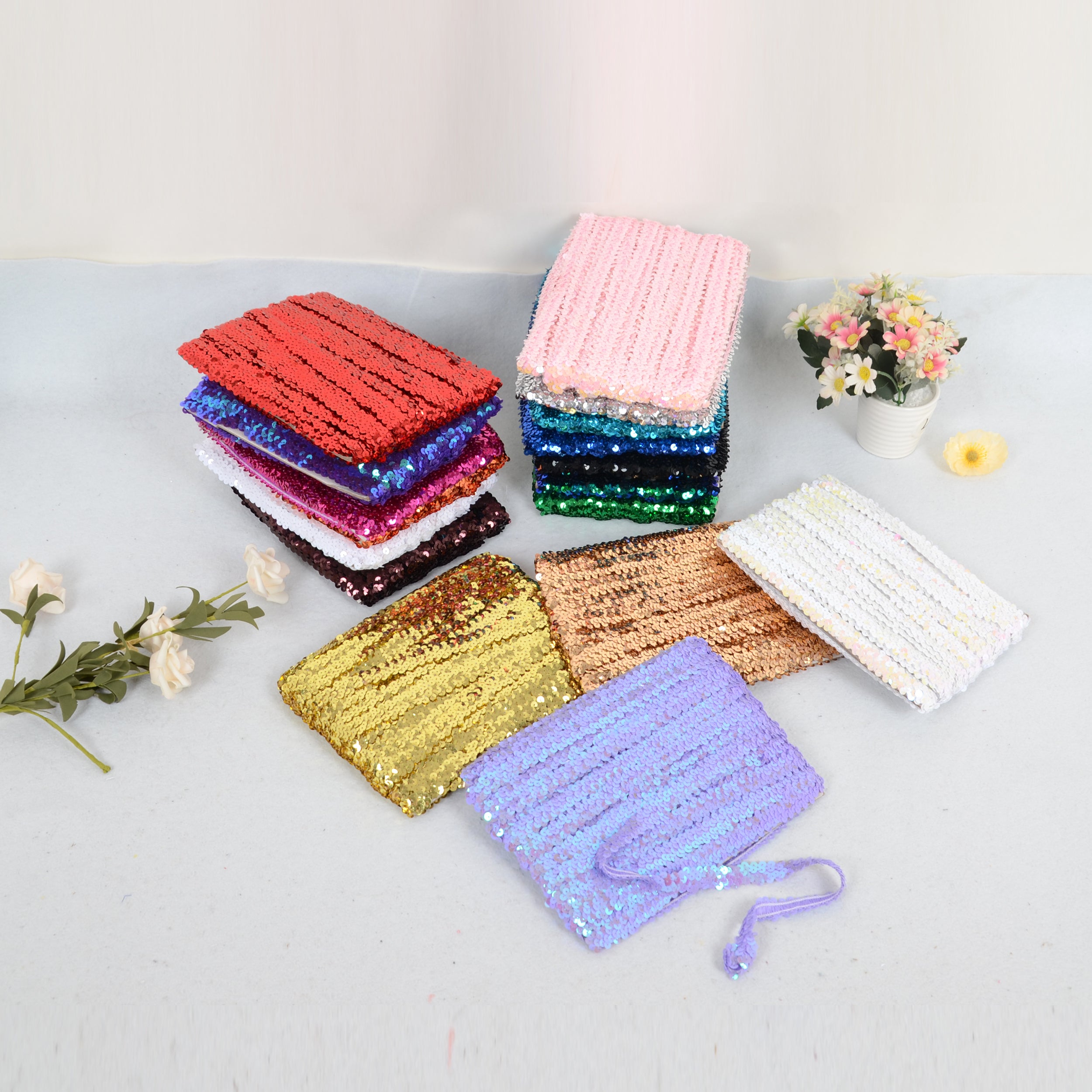 Alilang Elastic Sequin Trim, 0.8 Inch 2 Row Flat Glitter Paillette Sequin Ribbon, Metallic Sequin Strip DIY Decorations, 25 Yards