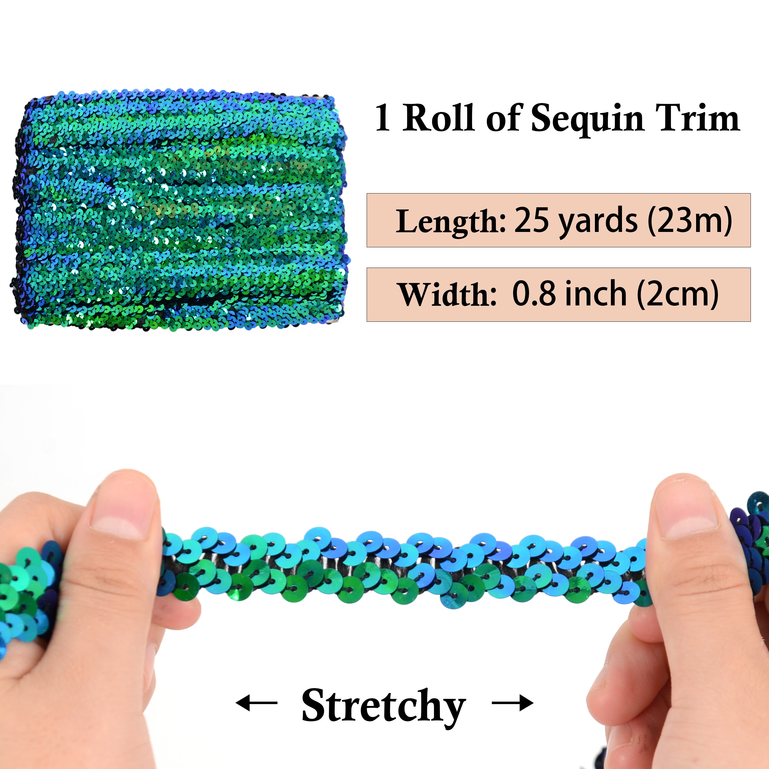 Alilang Elastic Sequin Trim, 0.8 Inch 2 Row Flat Glitter Paillette Sequin Ribbon, Metallic Sequin Strip DIY Decorations, 25 Yards
