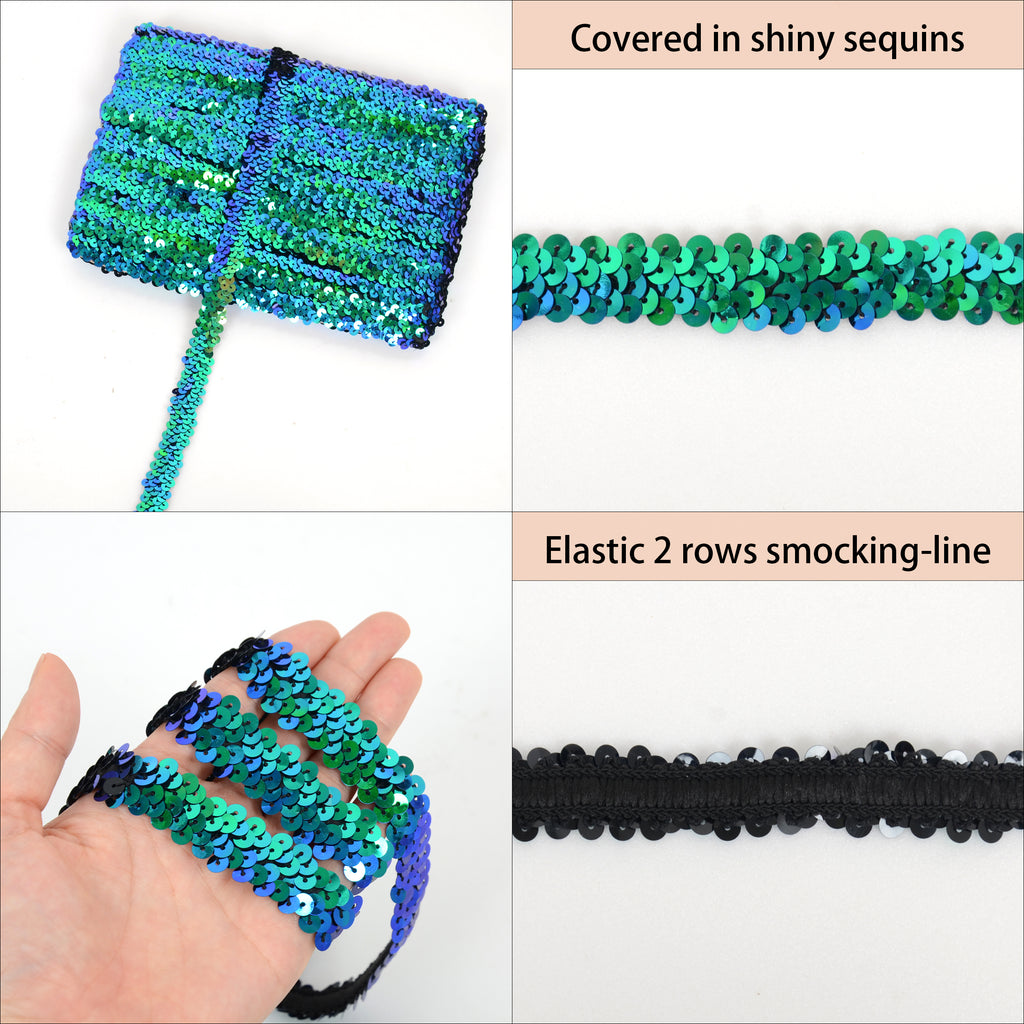 Alilang Elastic Sequin Trim, 0.8 Inch 2 Row Flat Glitter Paillette Sequin Ribbon, Metallic Sequin Strip DIY Decorations, 25 Yards