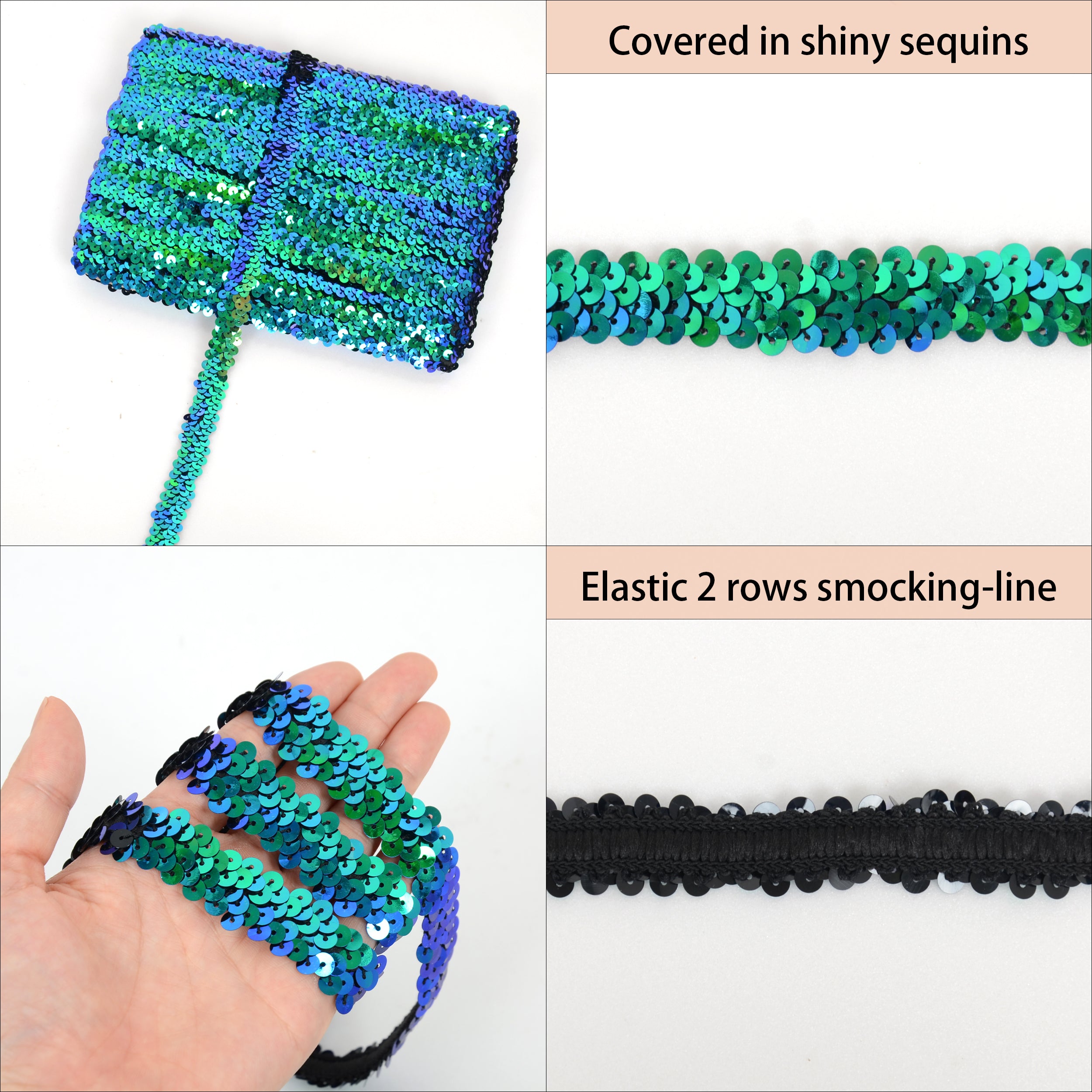 Alilang Elastic Sequin Trim, 0.8 Inch 2 Row Flat Glitter Paillette Sequin Ribbon, Metallic Sequin Strip DIY Decorations, 25 Yards