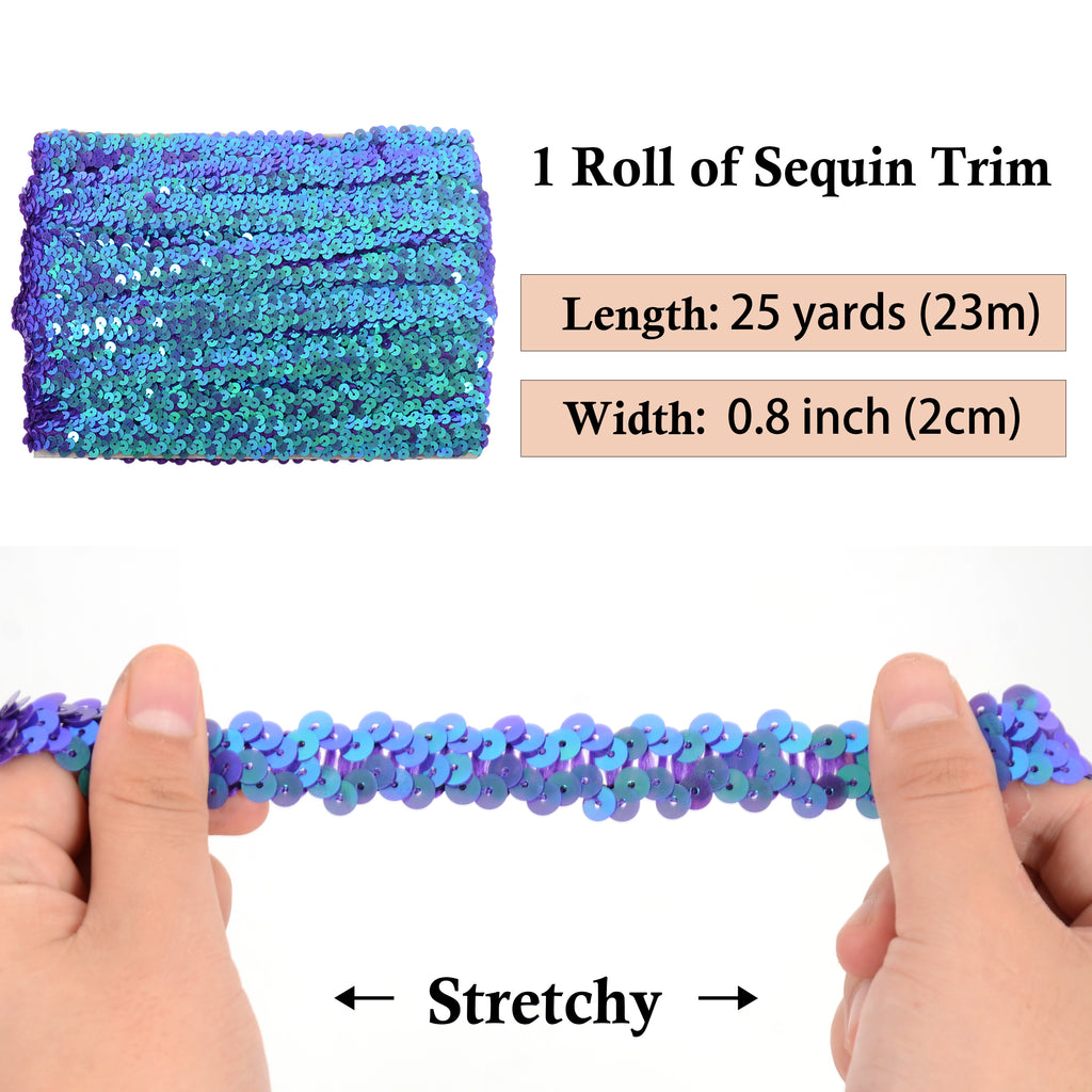 Alilang Elastic Sequin Trim, 0.8 Inch 2 Row Flat Glitter Paillette Sequin Ribbon, Metallic Sequin Strip DIY Decorations, 25 Yards