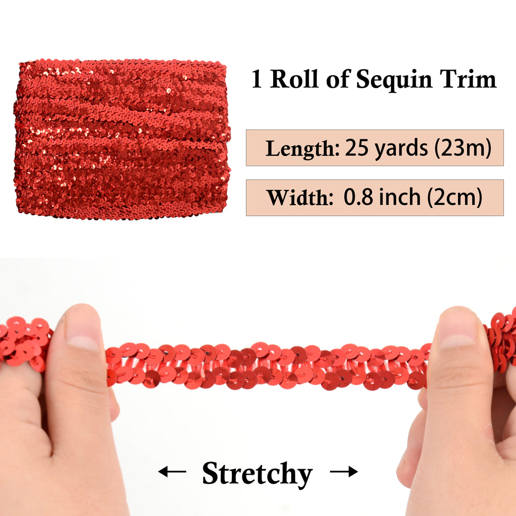 Alilang Elastic Sequin Trim, 0.8 Inch 2 Row Flat Glitter Paillette Sequin Ribbon, Metallic Sequin Strip DIY Decorations, 25 Yards