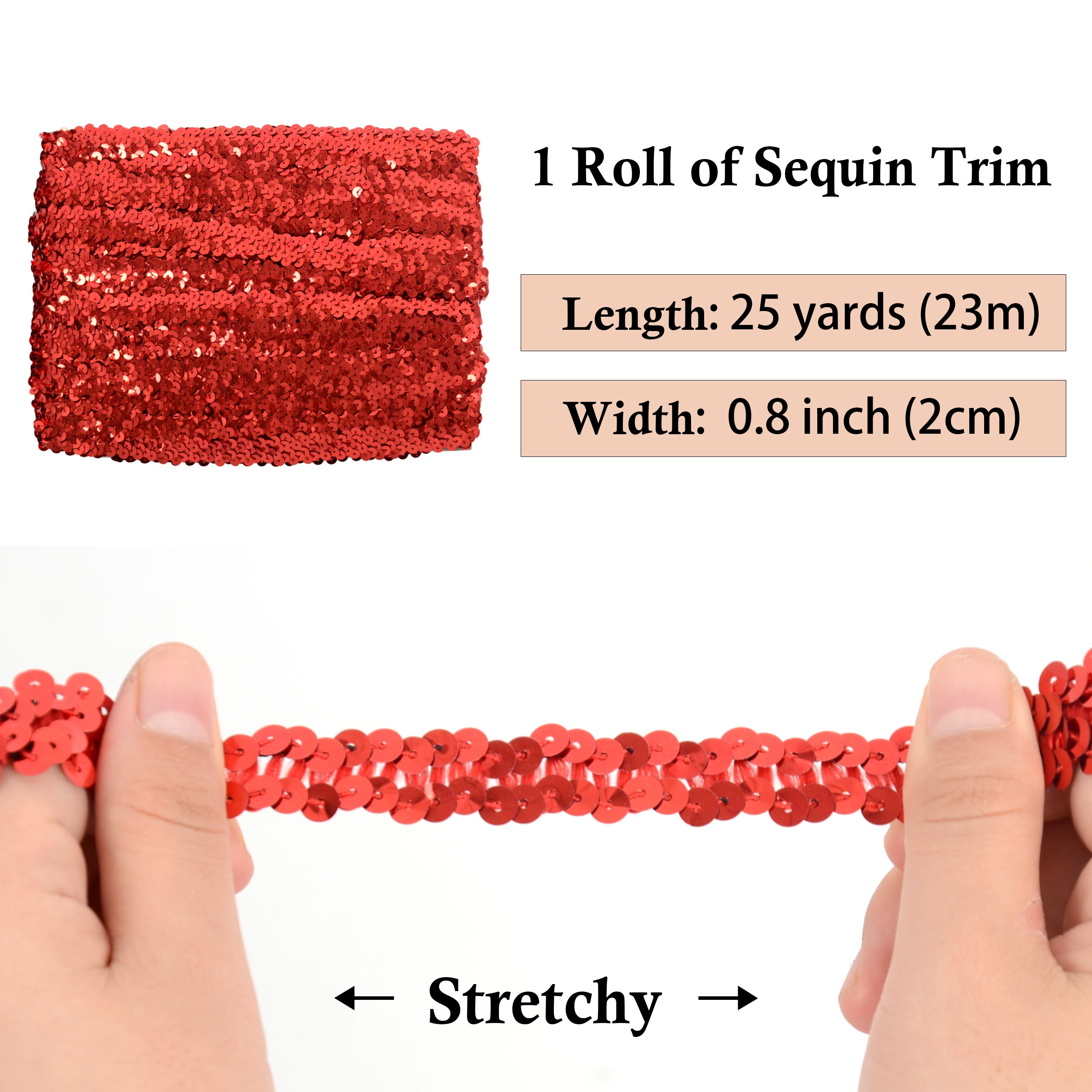Alilang Elastic Sequin Trim, 0.8 Inch 2 Row Flat Glitter Paillette Sequin Ribbon, Metallic Sequin Strip DIY Decorations, 25 Yards