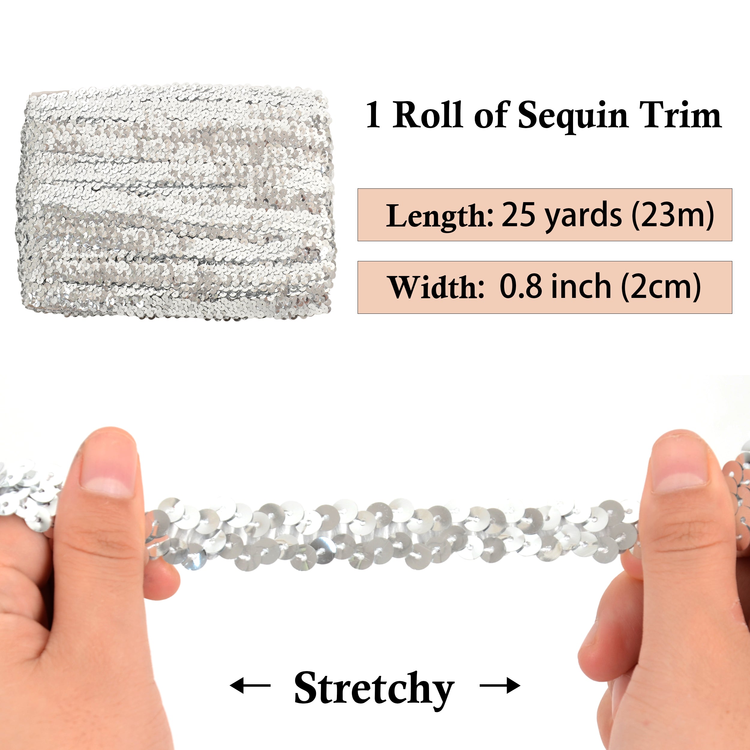 Alilang Elastic Sequin Trim, 0.8 Inch 2 Row Flat Glitter Paillette Sequin Ribbon, Metallic Sequin Strip DIY Decorations, 25 Yards