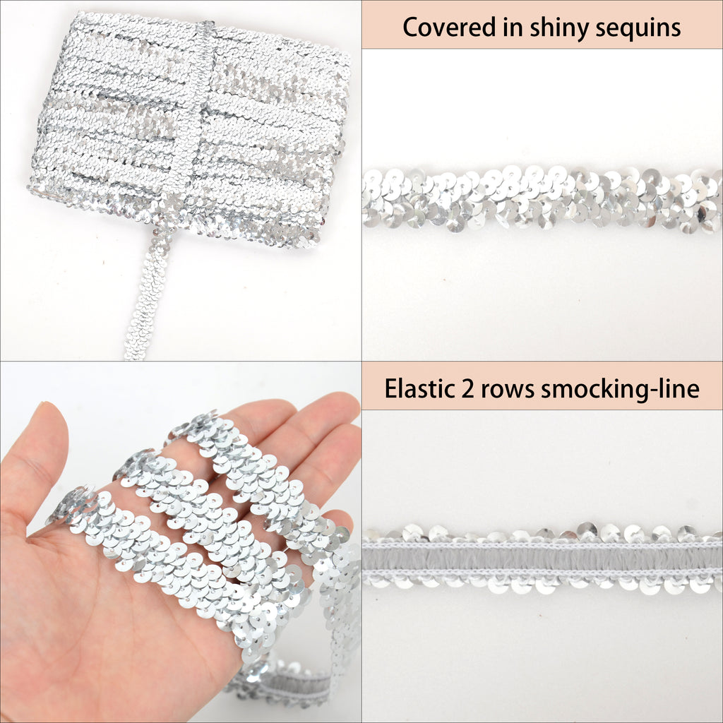 Alilang Elastic Sequin Trim, 0.8 Inch 2 Row Flat Glitter Paillette Sequin Ribbon, Metallic Sequin Strip DIY Decorations, 25 Yards
