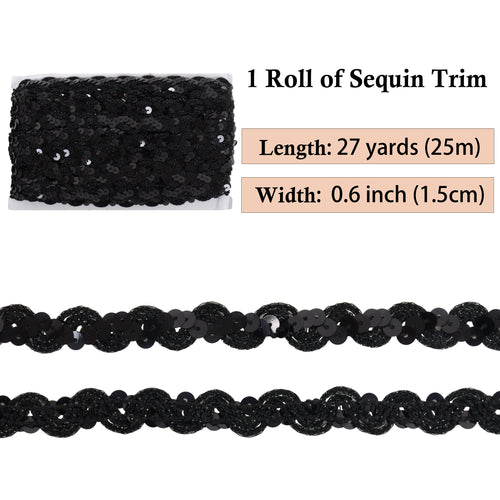Alilang Sequin Braid Trim, 0.6 Inch Wave Sequin Strip, Glitter Metallic Paillette Sequin Ribbon, DIY Sewing Embellishment, 27 Yards
