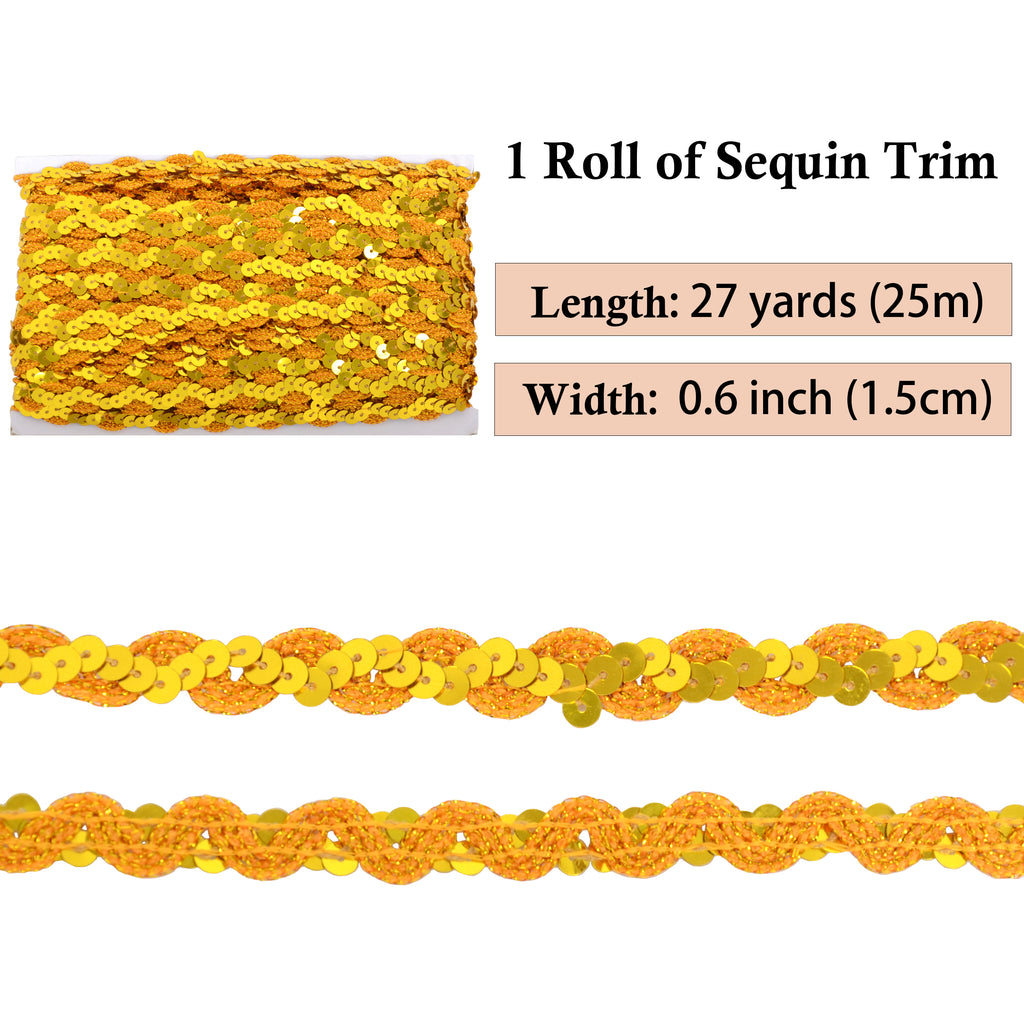 Alilang Sequin Braid Trim, 0.6 Inch Wave Sequin Strip, Glitter Metallic Paillette Sequin Ribbon, DIY Sewing Embellishment, 27 Yards