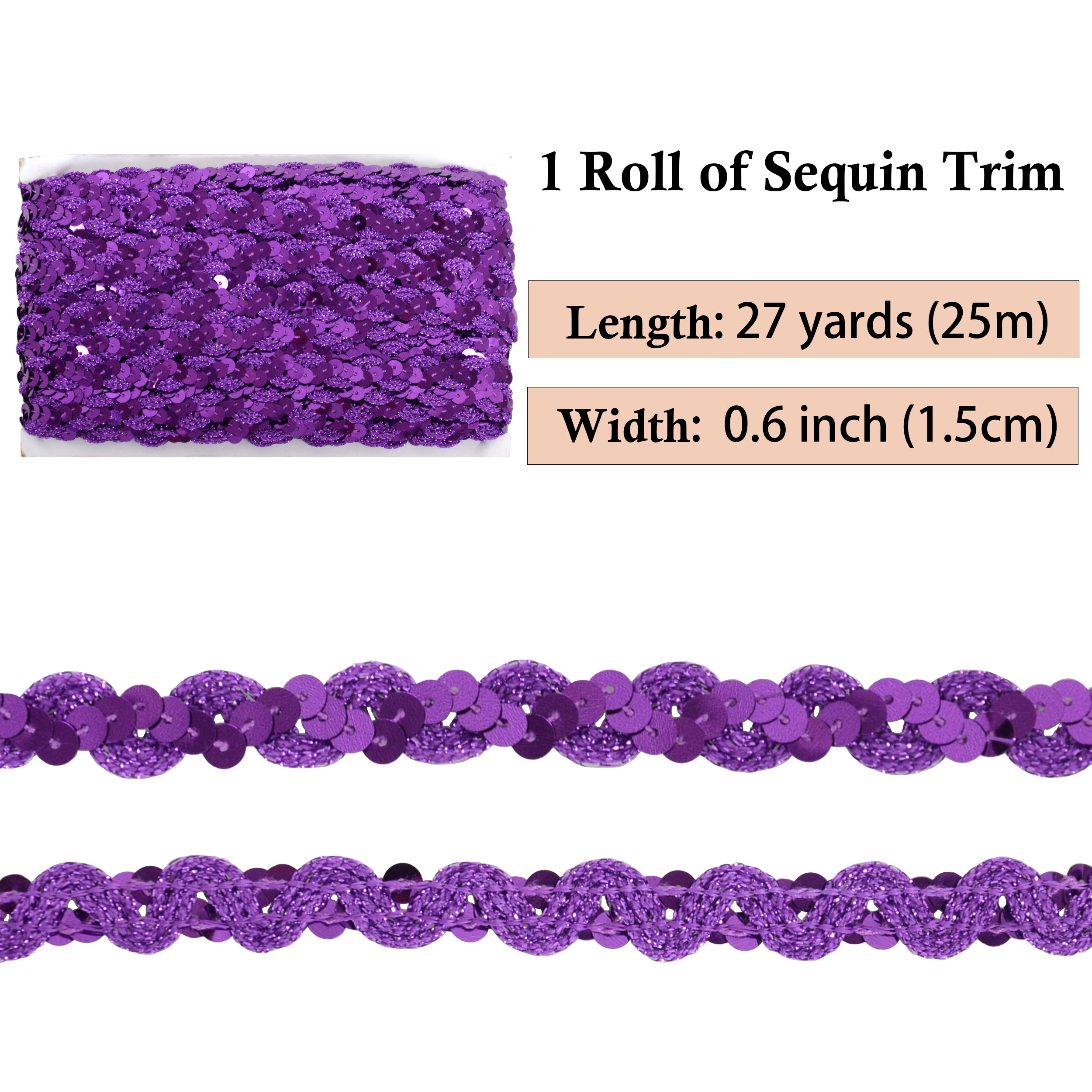 Alilang Sequin Braid Trim, 0.6 Inch Wave Sequin Strip, Glitter Metallic Paillette Sequin Ribbon, DIY Sewing Embellishment, 27 Yards
