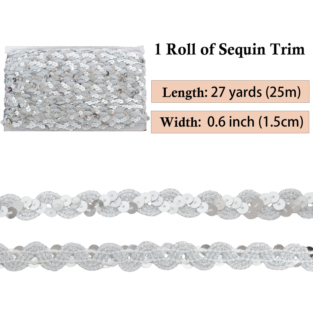 Alilang Sequin Braid Trim, 0.6 Inch Wave Sequin Strip, Glitter Metallic Paillette Sequin Ribbon, DIY Sewing Embellishment, 27 Yards