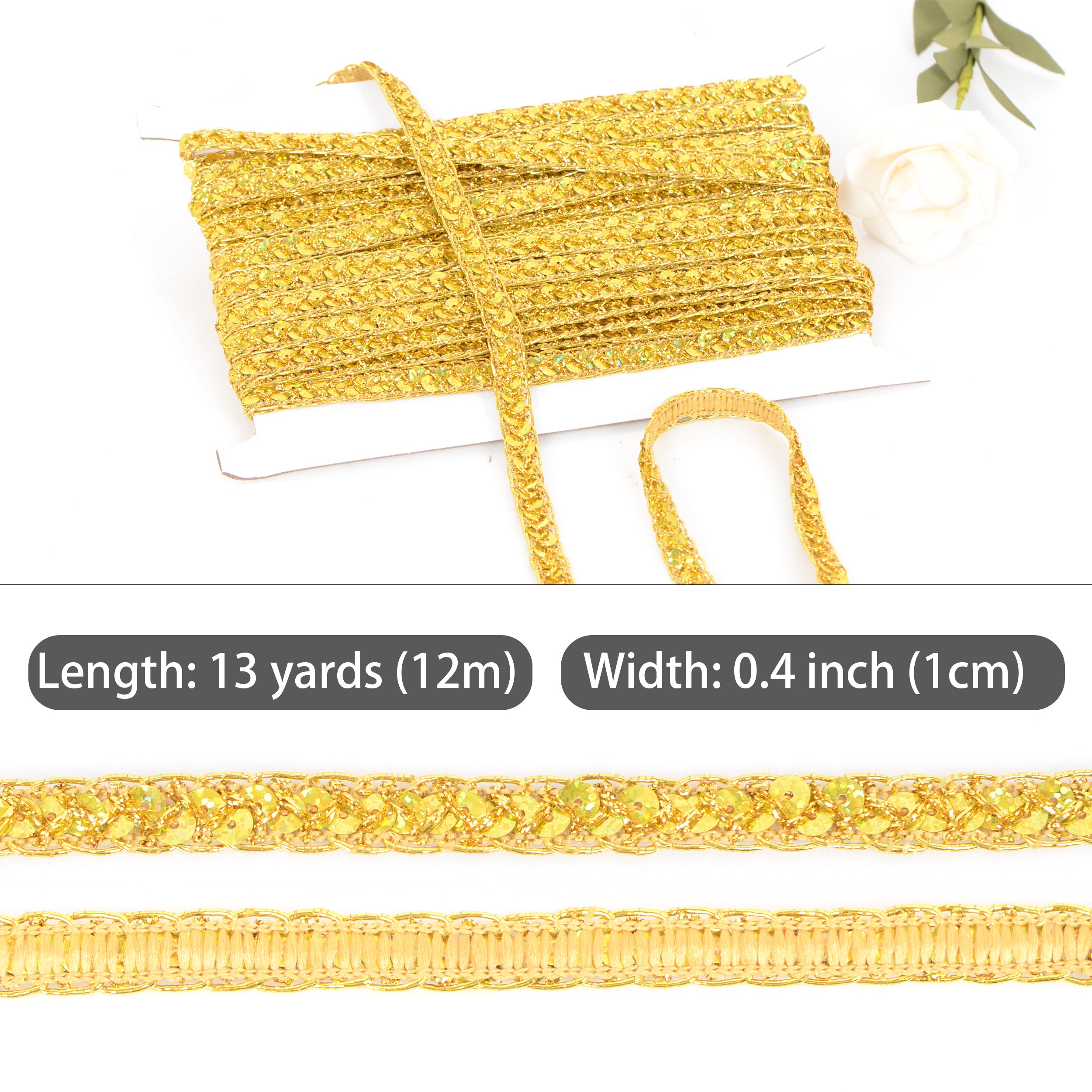 Alilang Sequin Braid Cord Trim, 0.4 Inch Glitter Laser Sequin Strip, Sewing Sequin Ribbon for DIY Crafts Party Decorations, 13 Yards