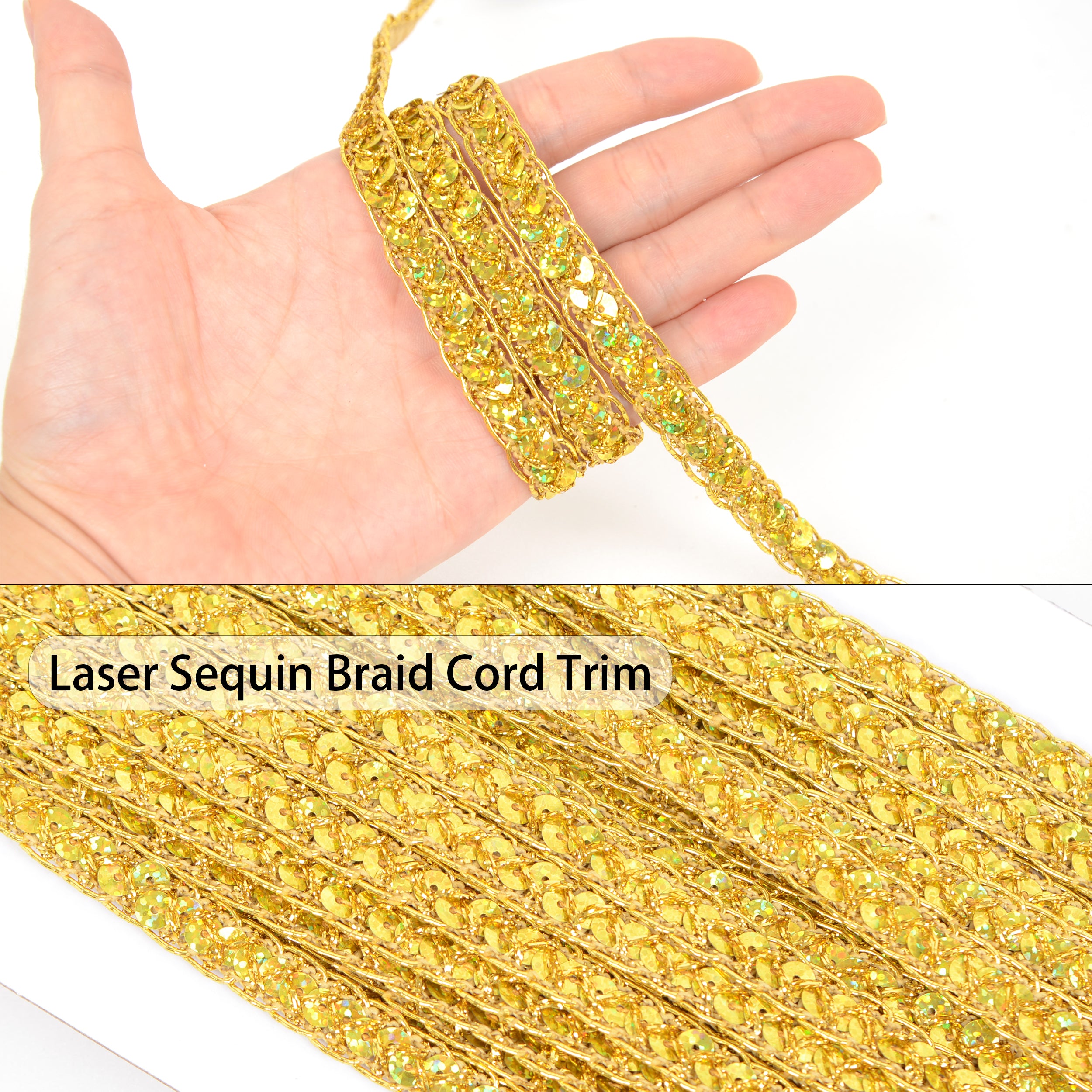 Alilang Sequin Braid Cord Trim, 0.4 Inch Glitter Laser Sequin Strip, Sewing Sequin Ribbon for DIY Crafts Party Decorations, 13 Yards