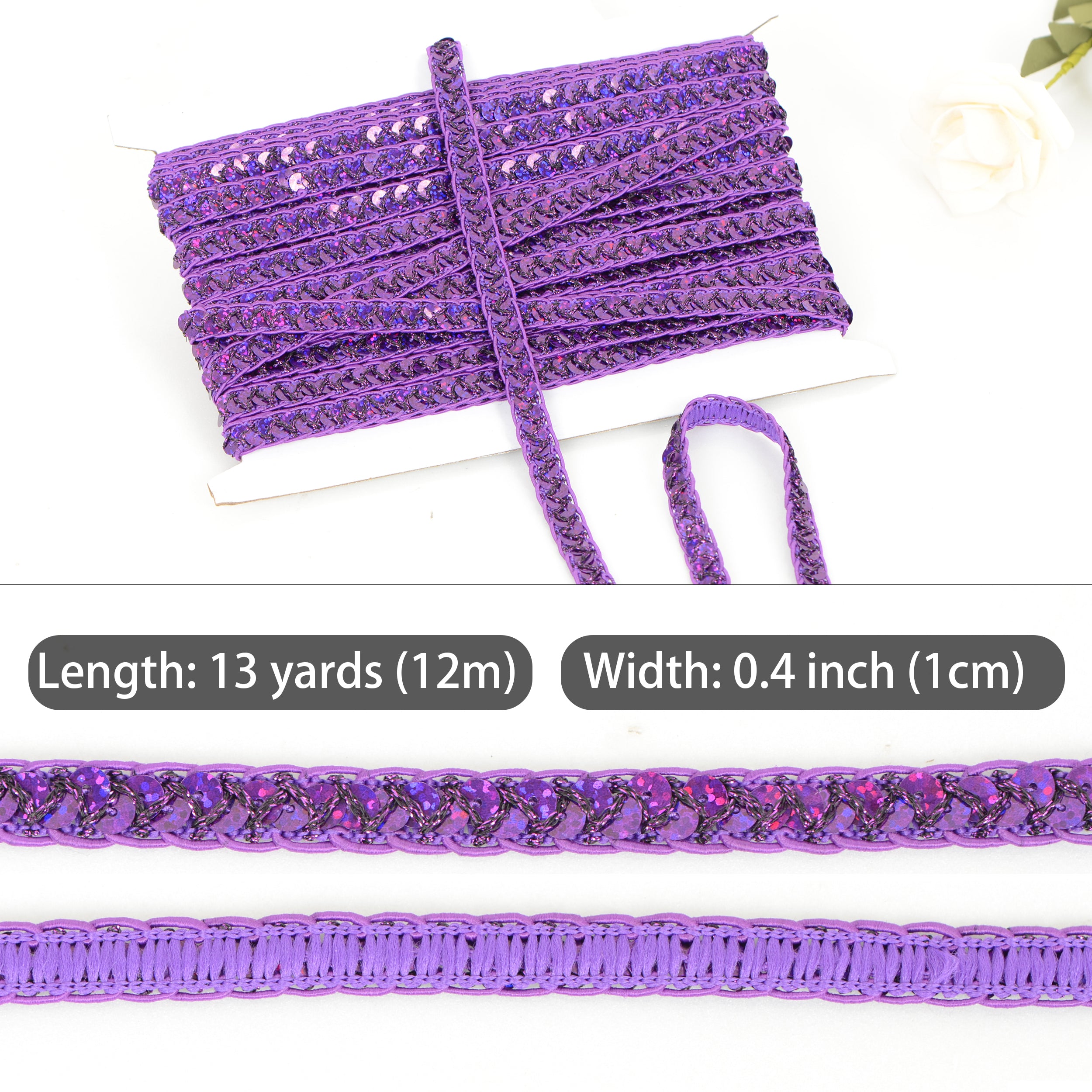 Alilang Sequin Braid Cord Trim, 0.4 Inch Glitter Laser Sequin Strip, Sewing Sequin Ribbon for DIY Crafts Party Decorations, 13 Yards