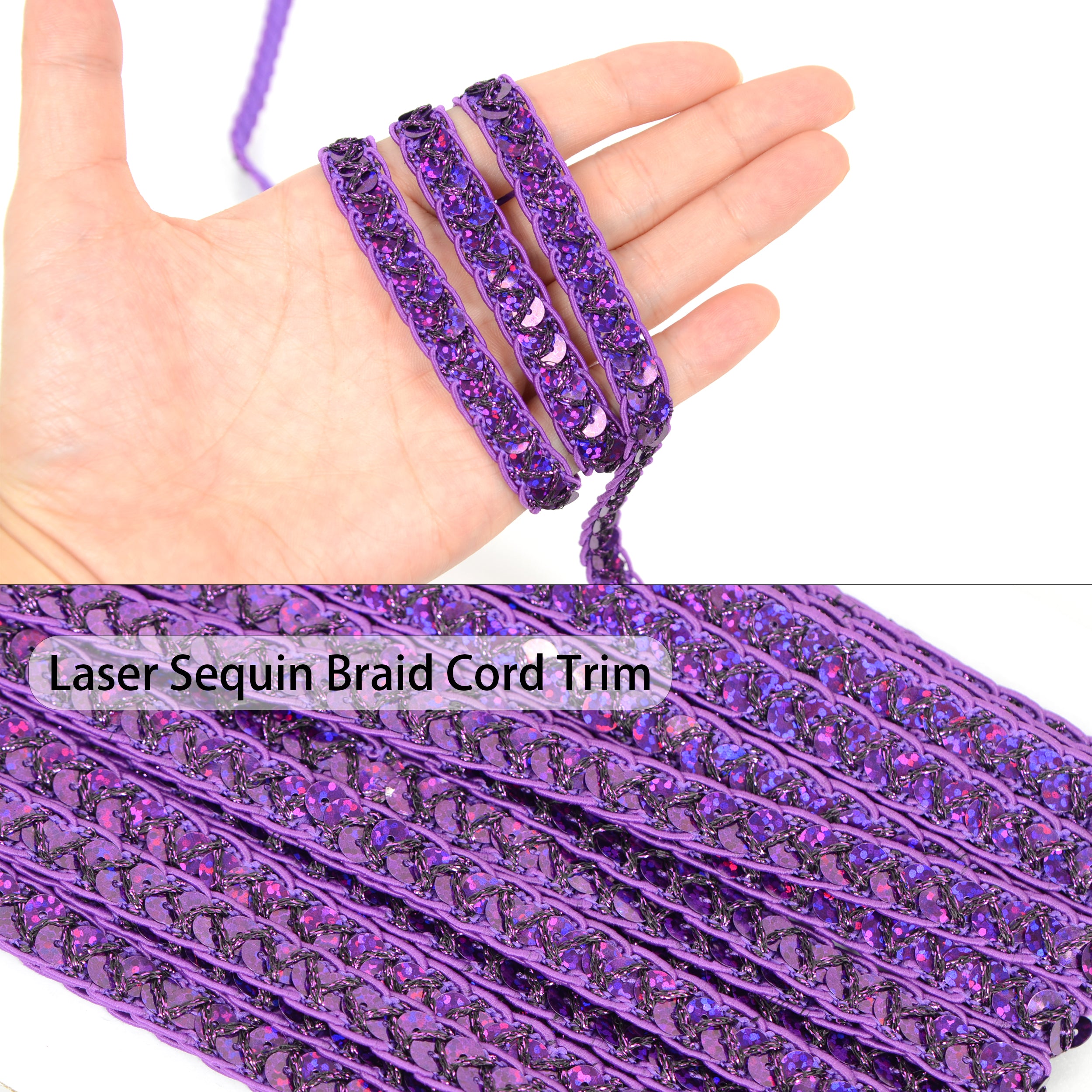 Alilang Sequin Braid Cord Trim, 0.4 Inch Glitter Laser Sequin Strip, Sewing Sequin Ribbon for DIY Crafts Party Decorations, 13 Yards