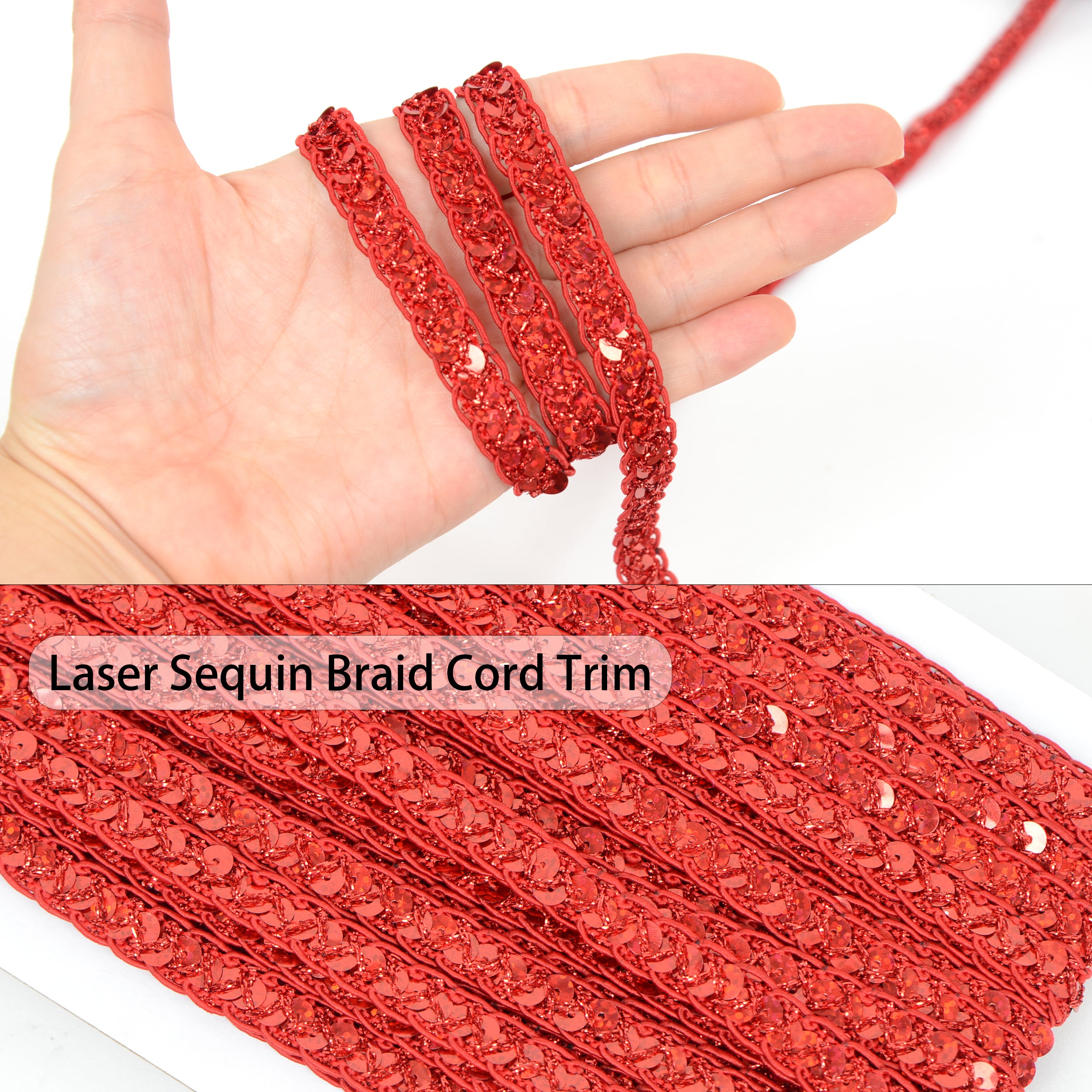 Alilang Sequin Braid Cord Trim, 0.4 Inch Glitter Laser Sequin Strip, Sewing Sequin Ribbon for DIY Crafts Party Decorations, 13 Yards