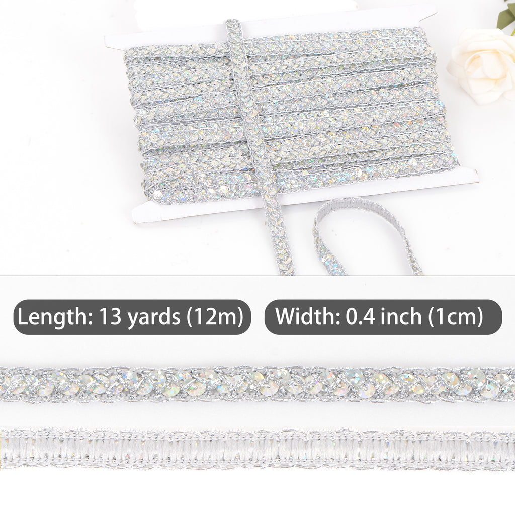 Alilang Sequin Braid Cord Trim, 0.4 Inch Glitter Laser Sequin Strip, Sewing Sequin Ribbon for DIY Crafts Party Decorations, 13 Yards