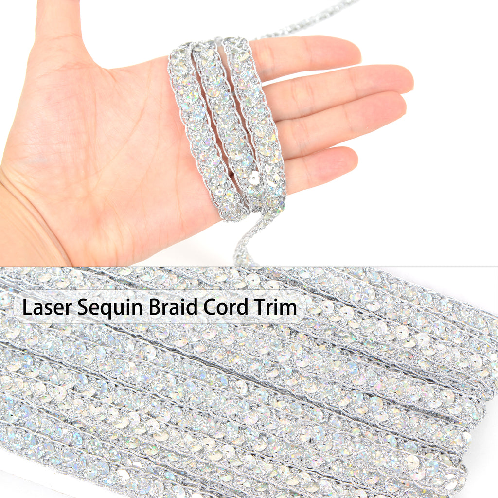 Alilang Sequin Braid Cord Trim, 0.4 Inch Glitter Laser Sequin Strip, Sewing Sequin Ribbon for DIY Crafts Party Decorations, 13 Yards