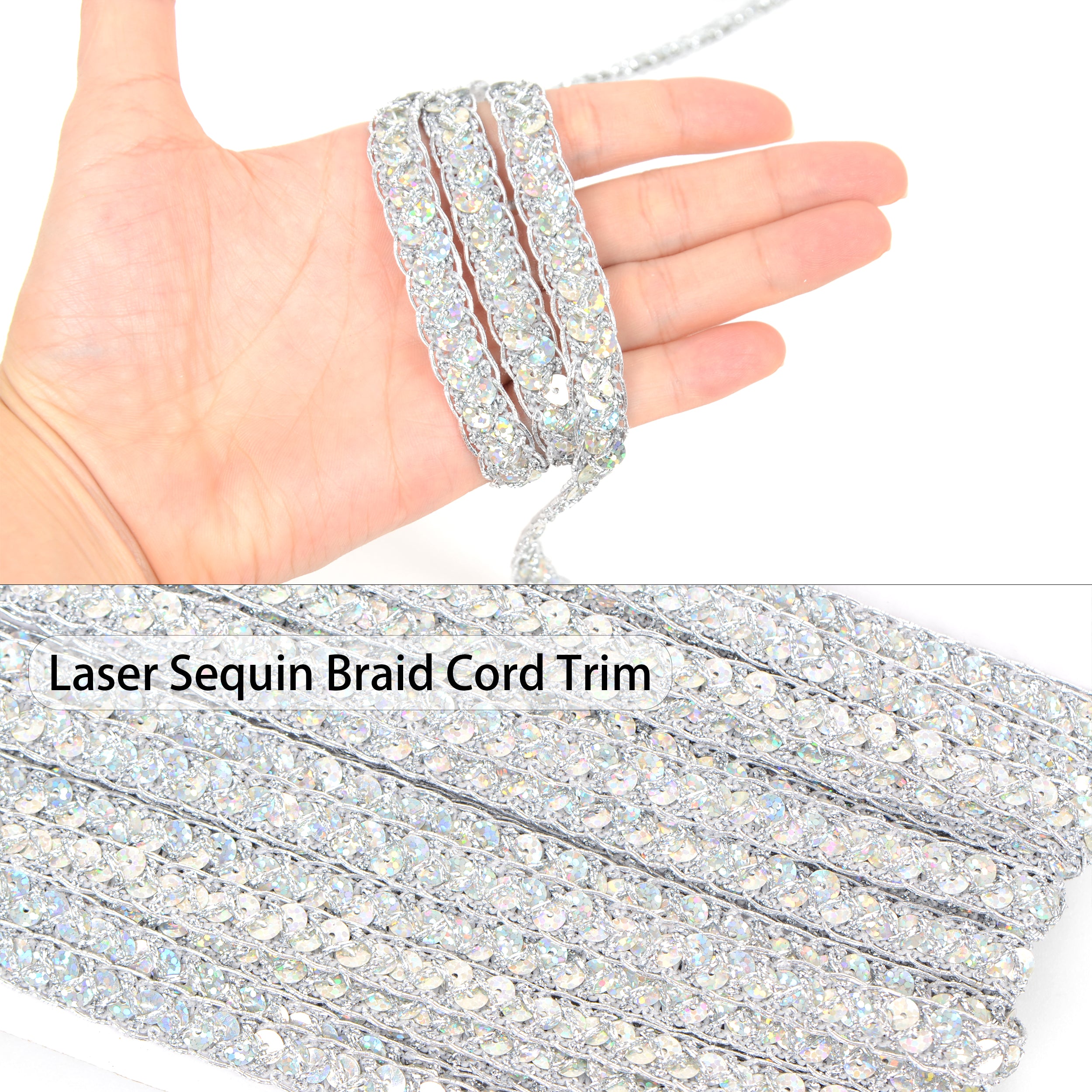 Alilang Sequin Braid Cord Trim, 0.4 Inch Glitter Laser Sequin Strip, Sewing Sequin Ribbon for DIY Crafts Party Decorations, 13 Yards