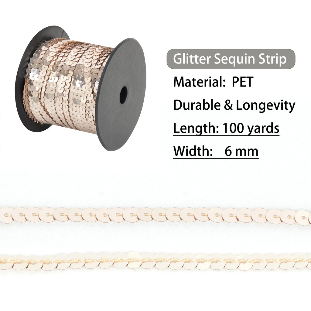 Alilang Flat Sequin Strip, 6mm String Metallic Sequin Strand, Paillette Metallic Sequin Trim Sewing DTY Craft Embellishment, 100 Yards