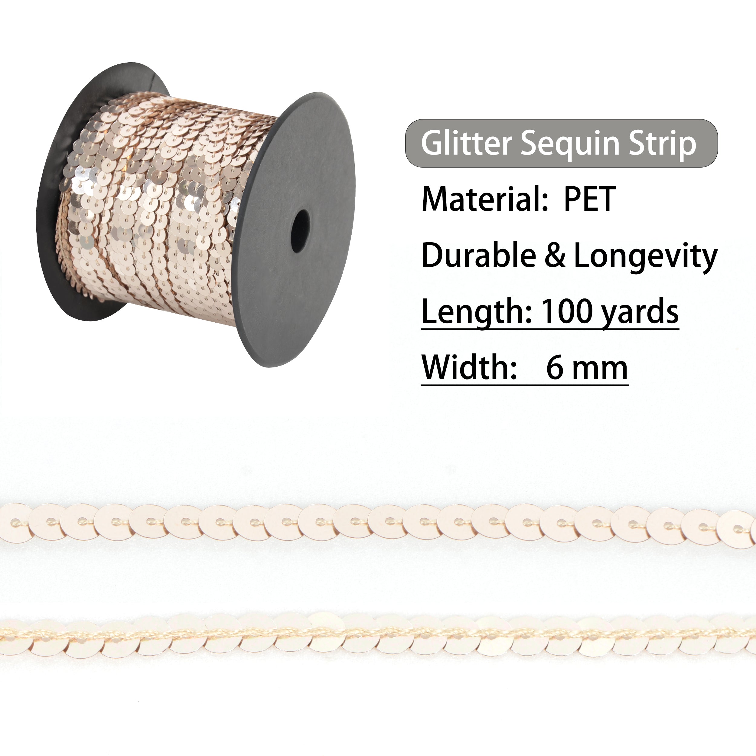 Alilang Flat Sequin Strip, 6mm String Metallic Sequin Strand, Paillette Metallic Sequin Trim Sewing DTY Craft Embellishment, 100 Yards
