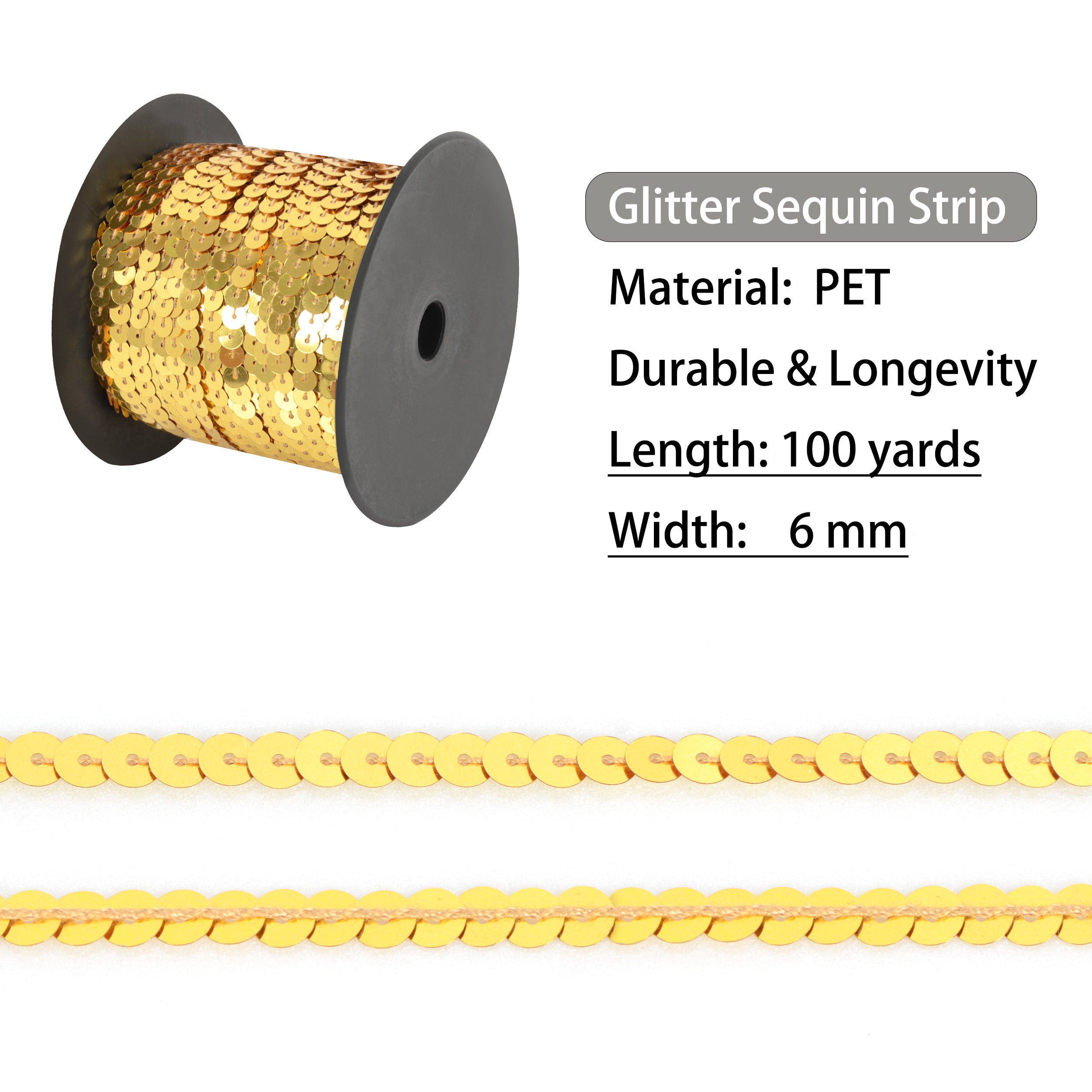 Alilang Flat Sequin Strip, 6mm String Metallic Sequin Strand, Paillette Metallic Sequin Trim Sewing DTY Craft Embellishment, 100 Yards