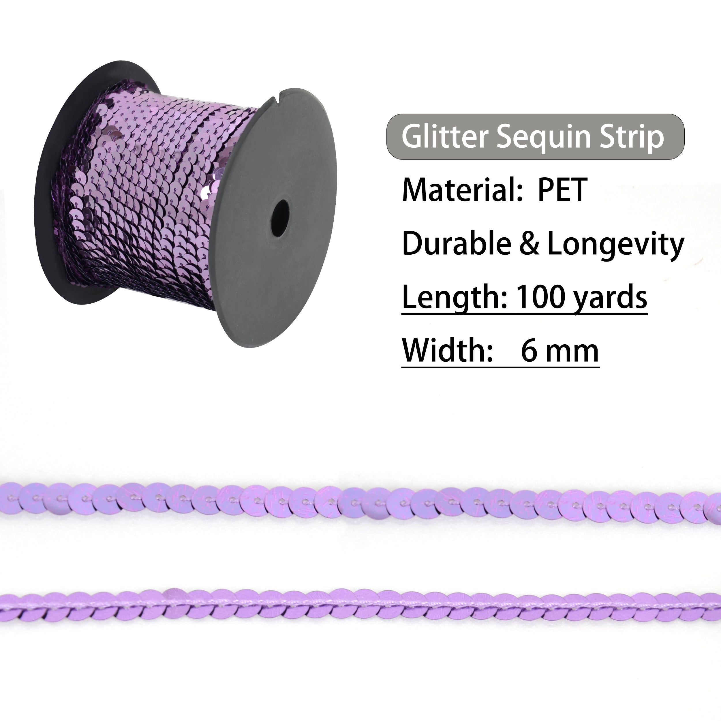 Alilang Flat Sequin Strip, 6mm String Metallic Sequin Strand, Paillette Metallic Sequin Trim Sewing DTY Craft Embellishment, 100 Yards
