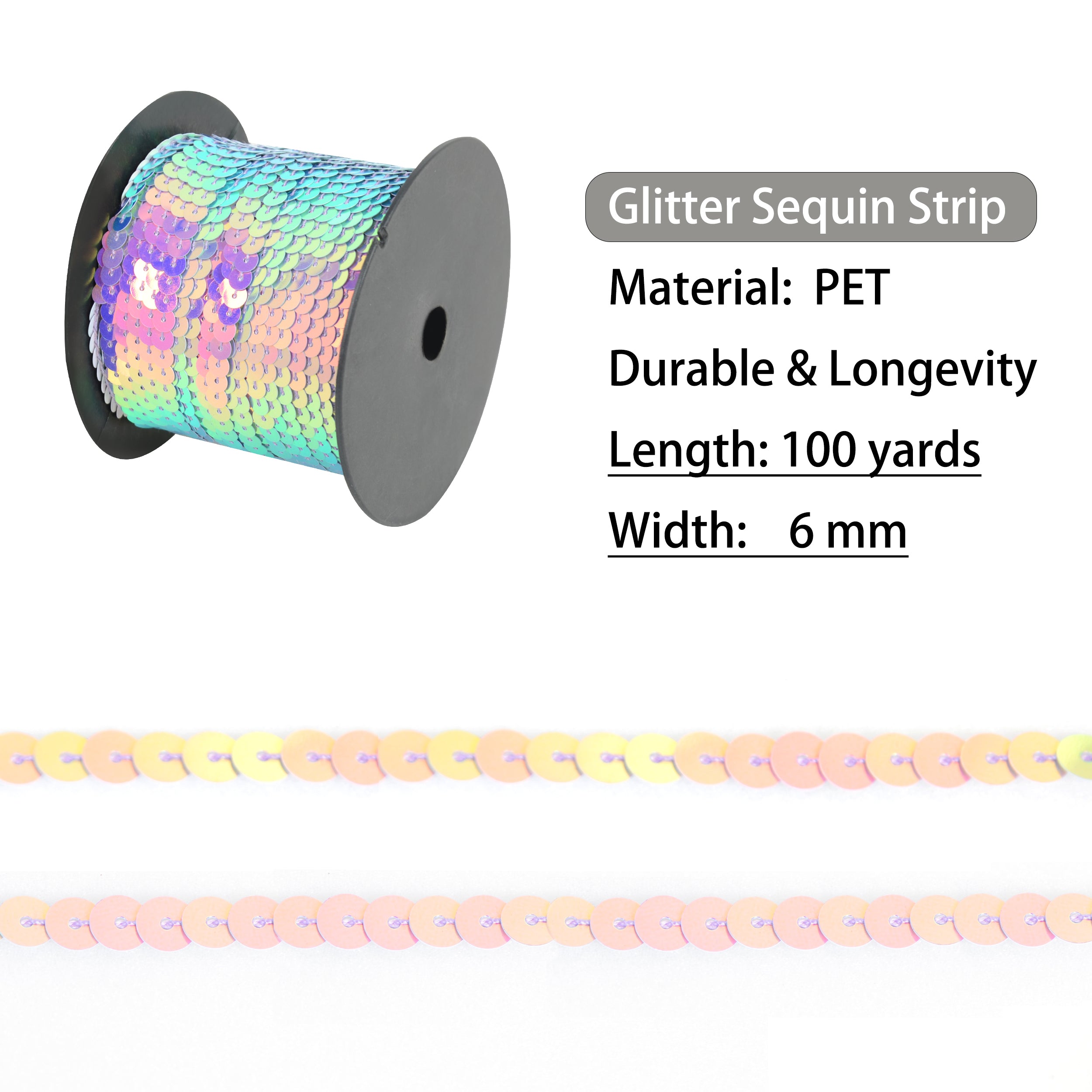 Alilang Flat Sequin Strip, 6mm String Metallic Sequin Strand, Paillette Metallic Sequin Trim Sewing DTY Craft Embellishment, 100 Yards