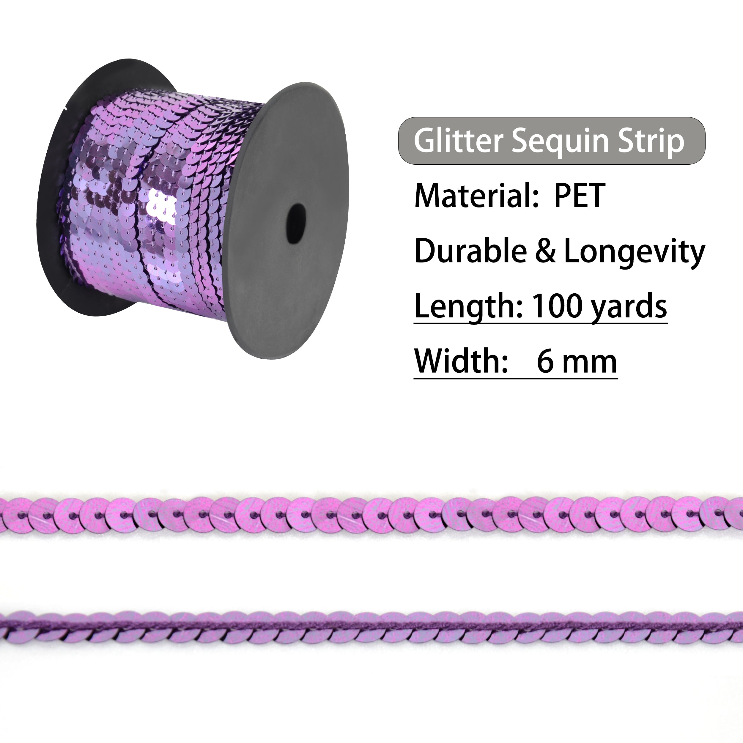 Alilang Flat Sequin Strip, 6mm String Metallic Sequin Strand, Paillette Metallic Sequin Trim Sewing DTY Craft Embellishment, 100 Yards