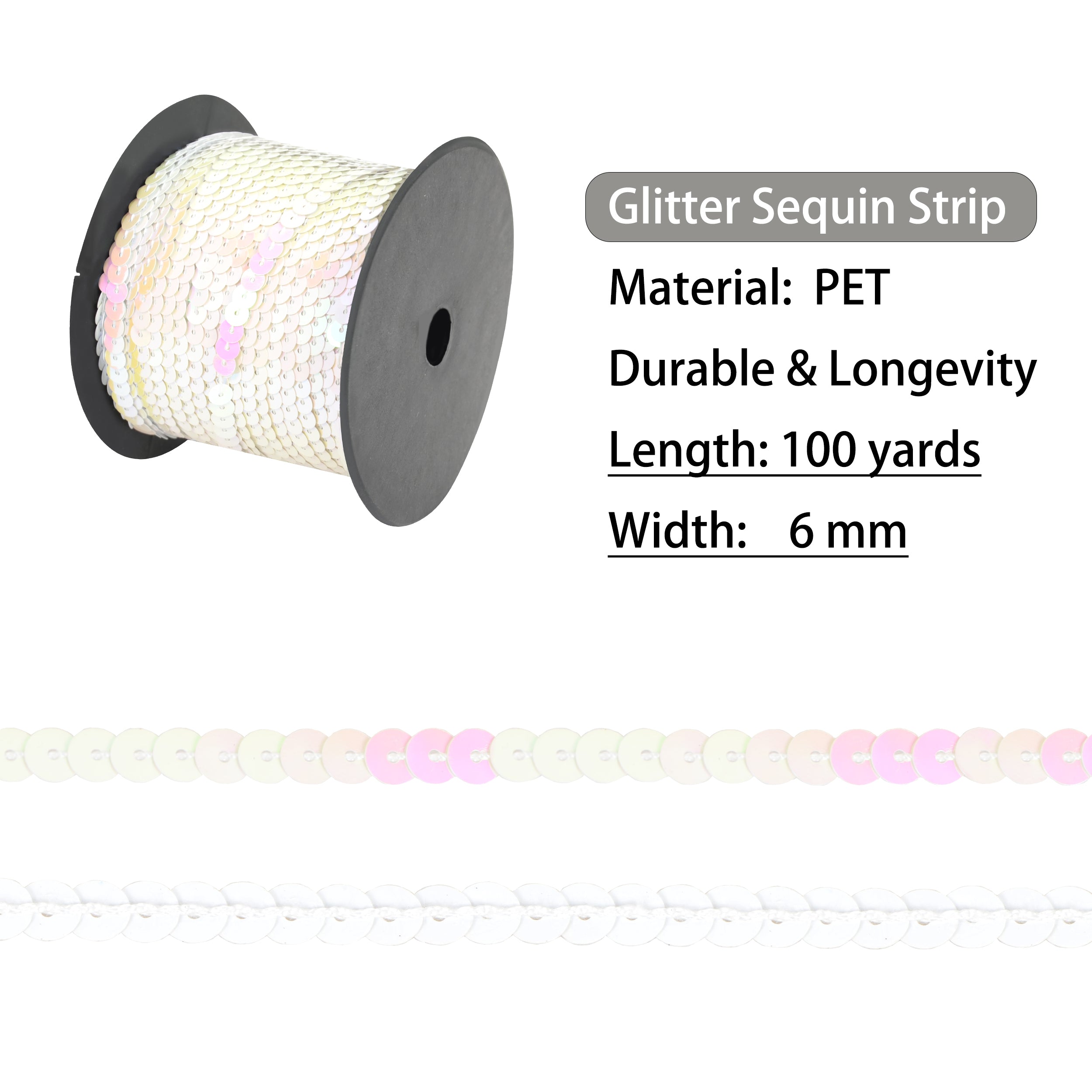 Alilang Flat Sequin Strip, 6mm String Metallic Sequin Strand, Paillette Metallic Sequin Trim Sewing DTY Craft Embellishment, 100 Yards